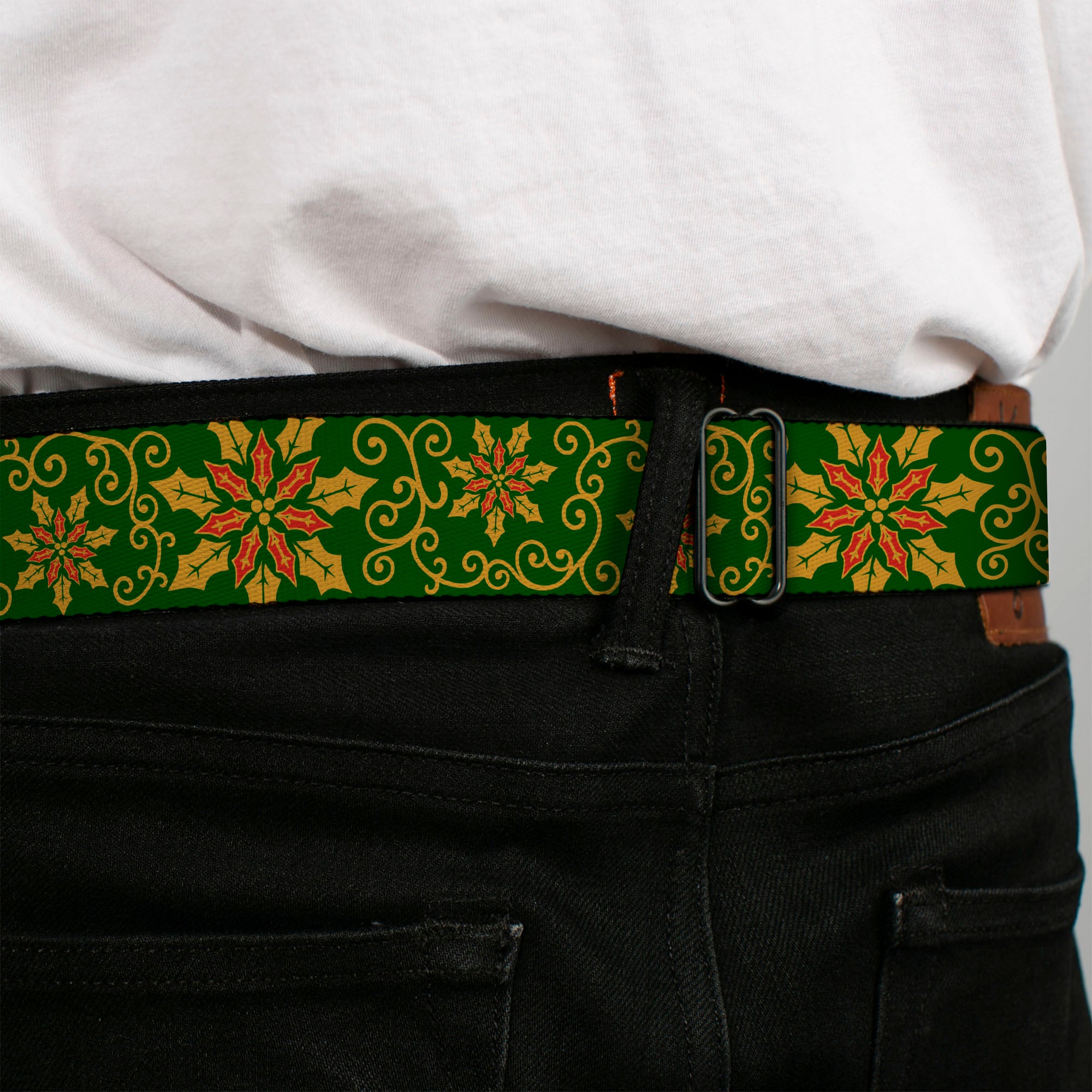 BD Wings Logo CLOSE-UP Full Color Black Silver Seatbelt Belt - Holiday Holly Green/Gold/Red Webbing Seatbelt Belts Buckle-Down