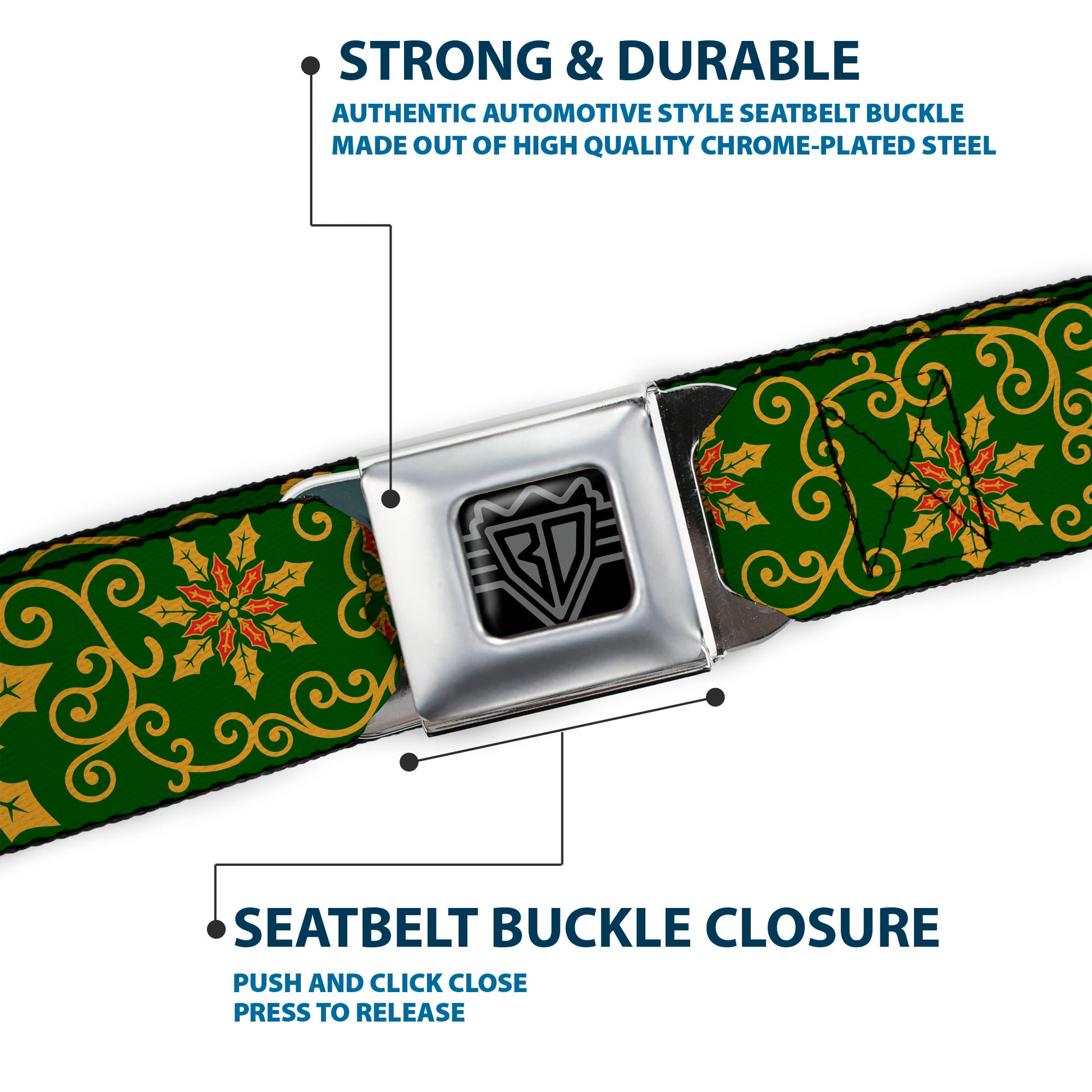 BD Wings Logo CLOSE-UP Full Color Black Silver Seatbelt Belt - Holiday Holly Green/Gold/Red Webbing Seatbelt Belts Buckle-Down