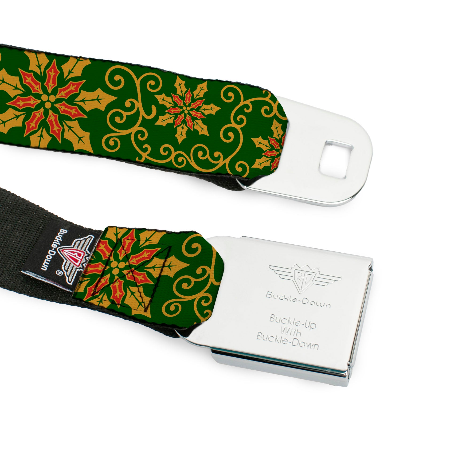 BD Wings Logo CLOSE-UP Full Color Black Silver Seatbelt Belt - Holiday Holly Green/Gold/Red Webbing Seatbelt Belts Buckle-Down