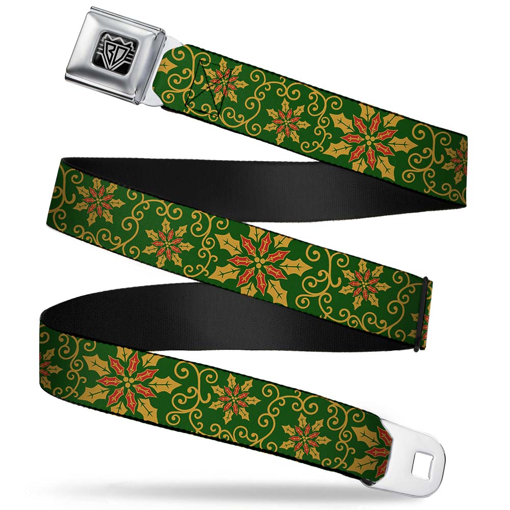 BD Wings Logo CLOSE-UP Full Color Black Silver Seatbelt Belt - Holiday Holly Green/Gold/Red Webbing Seatbelt Belts Buckle-Down