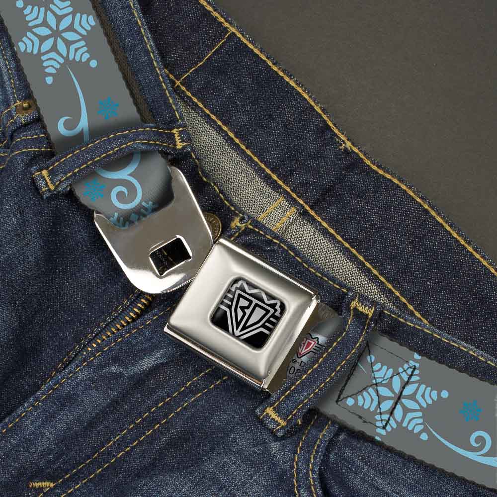 BD Wings Logo CLOSE-UP Full Color Black Silver Seatbelt Belt - Holiday Snowflakes Gray/Blue Webbing Seatbelt Belts Buckle-Down