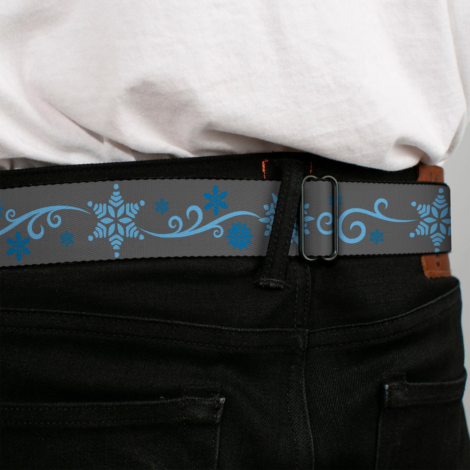 BD Wings Logo CLOSE-UP Full Color Black Silver Seatbelt Belt - Holiday Snowflakes Gray/Blue Webbing Seatbelt Belts Buckle-Down