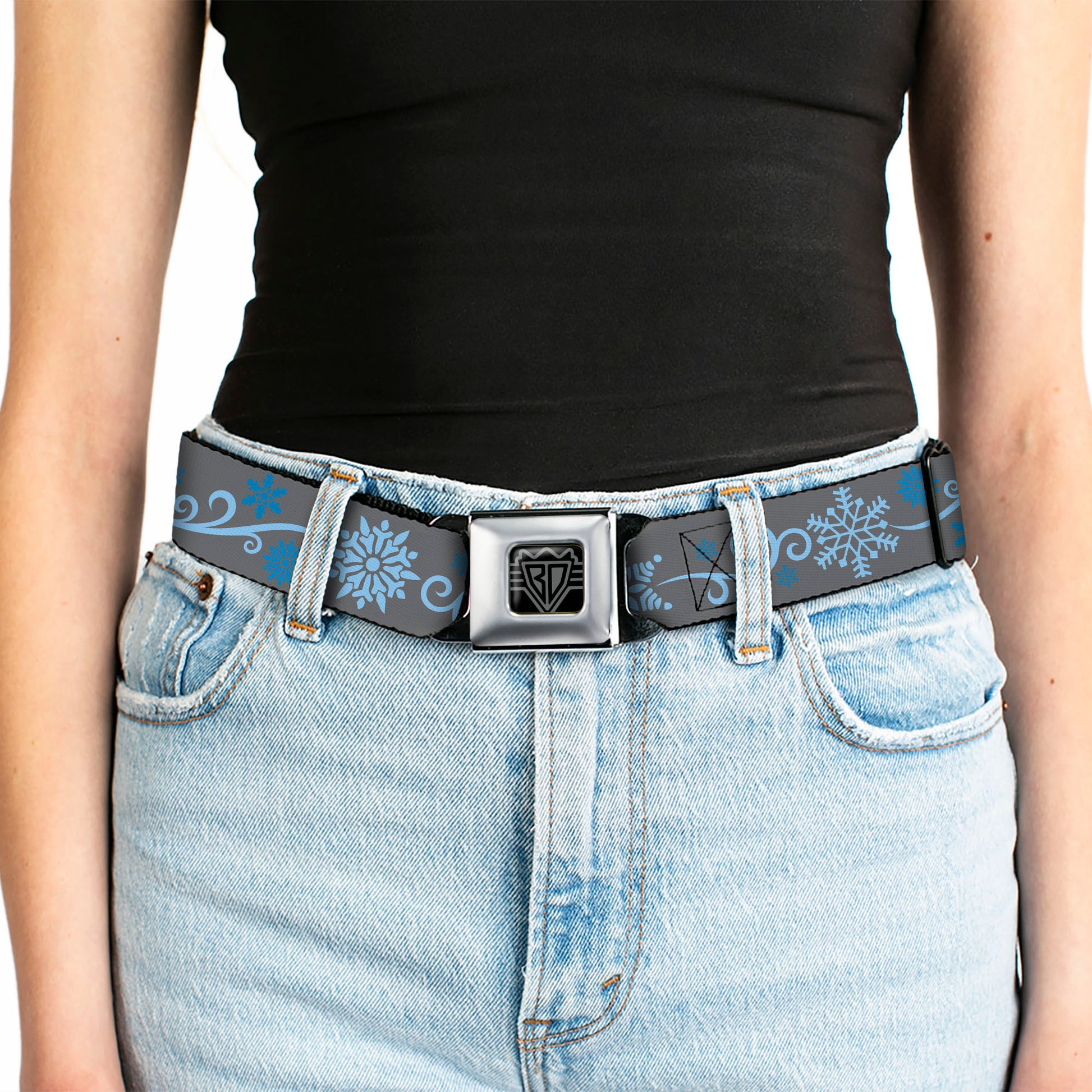 BD Wings Logo CLOSE-UP Full Color Black Silver Seatbelt Belt - Holiday Snowflakes Gray/Blue Webbing Seatbelt Belts Buckle-Down