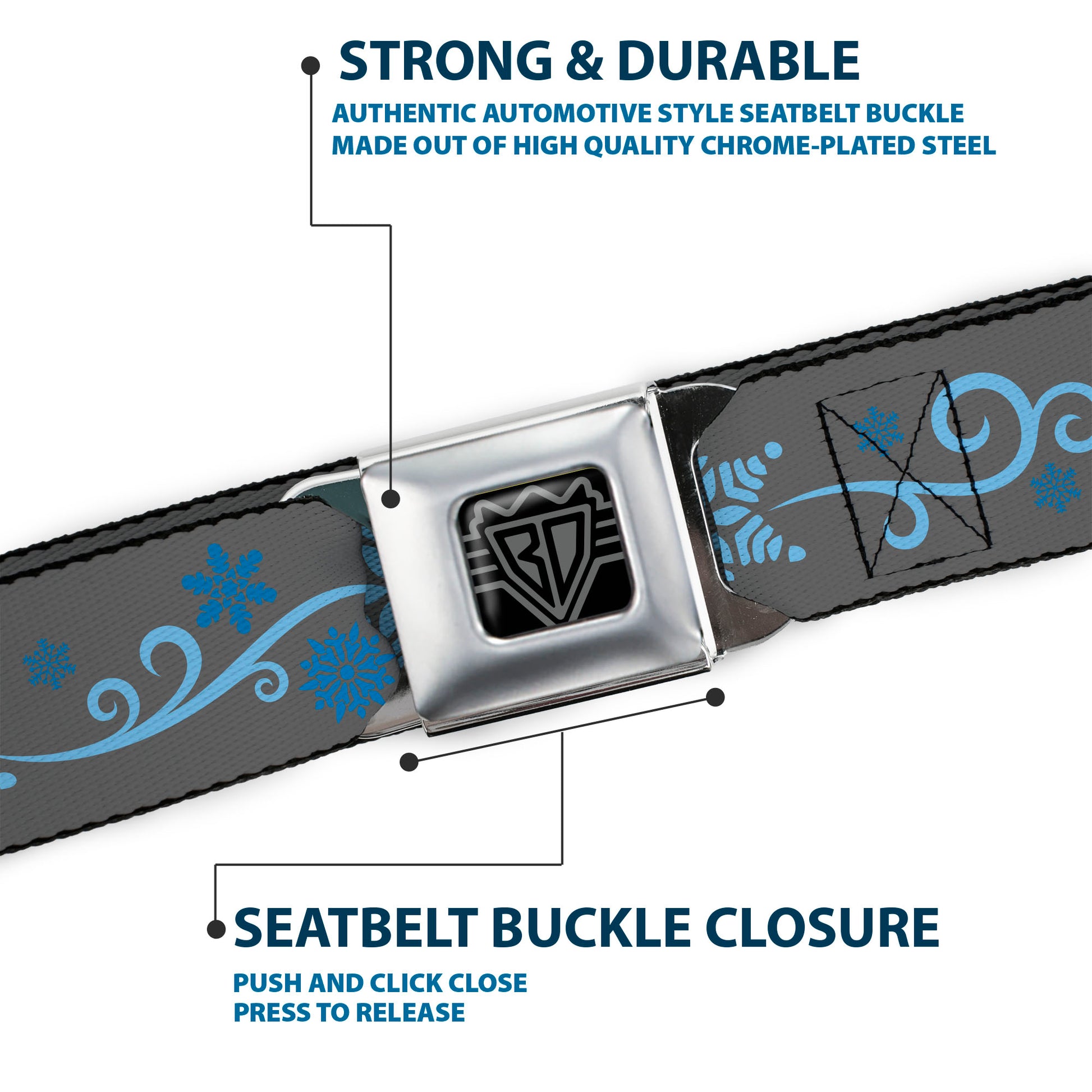 BD Wings Logo CLOSE-UP Full Color Black Silver Seatbelt Belt - Holiday Snowflakes Gray/Blue Webbing Seatbelt Belts Buckle-Down