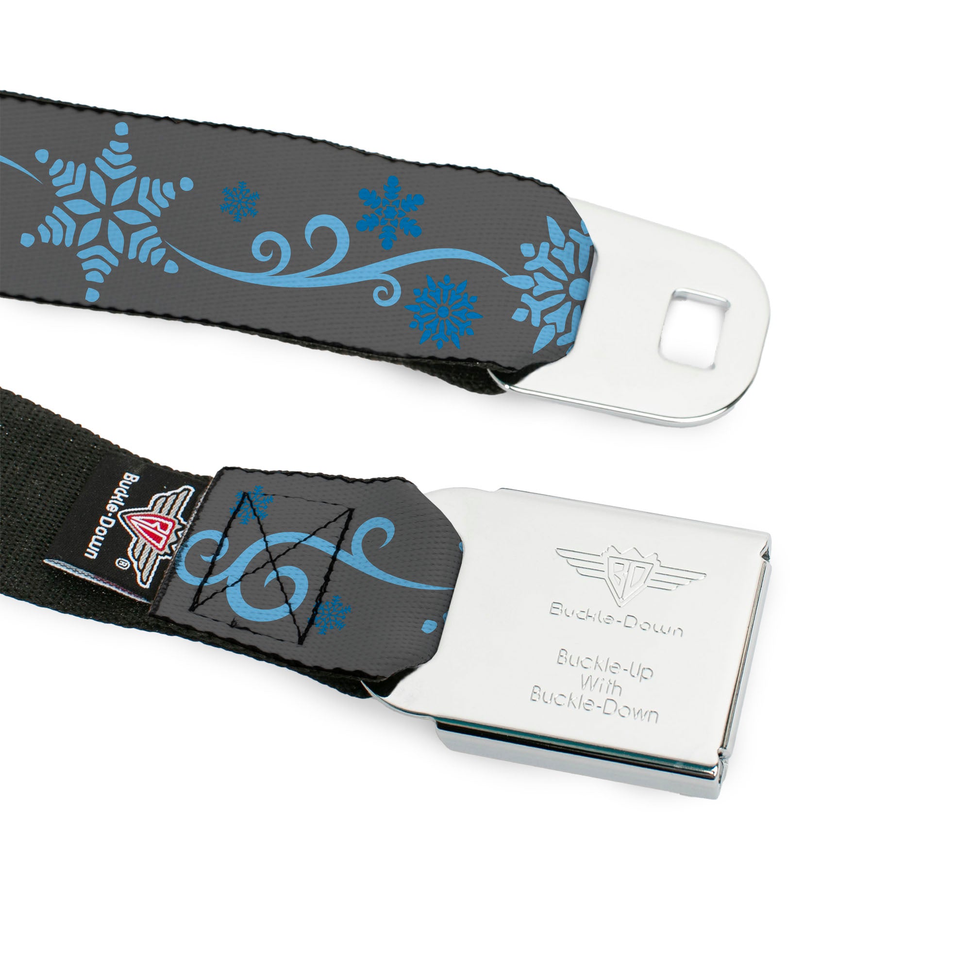 BD Wings Logo CLOSE-UP Full Color Black Silver Seatbelt Belt - Holiday Snowflakes Gray/Blue Webbing Seatbelt Belts Buckle-Down