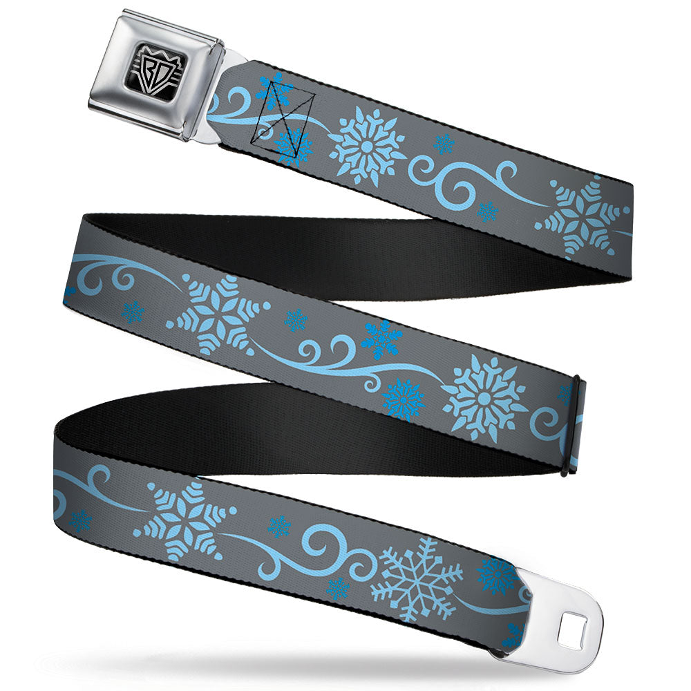 BD Wings Logo CLOSE-UP Full Color Black Silver Seatbelt Belt - Holiday Snowflakes Gray/Blue Webbing Seatbelt Belts Buckle-Down