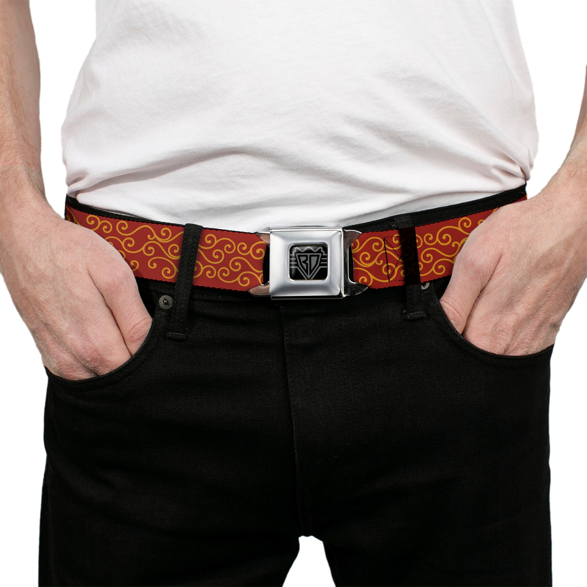 BD Wings Logo CLOSE-UP Full Color Black Silver Seatbelt Belt - Holiday Trim Swirls Red/Gold Webbing Seatbelt Belts Buckle-Down