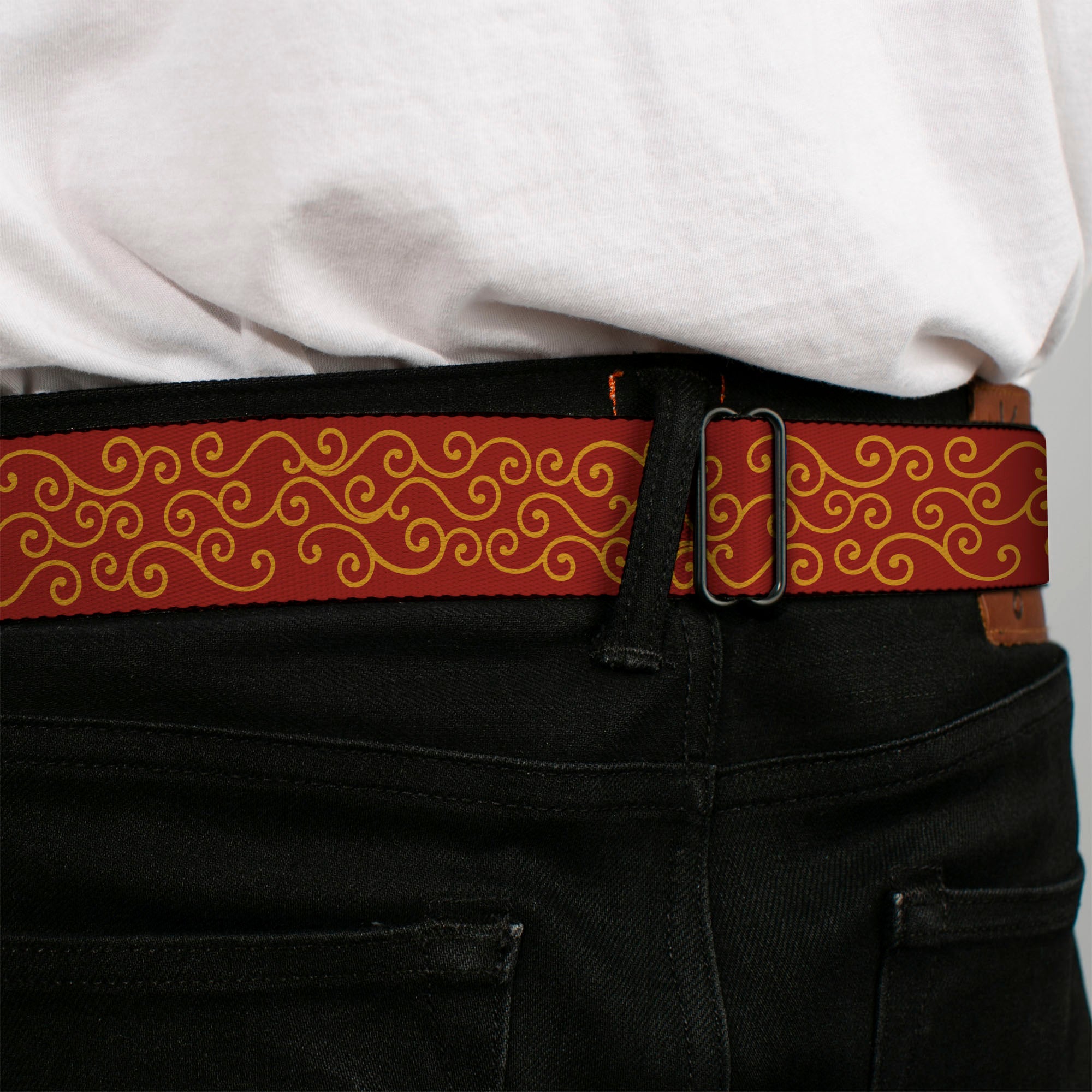BD Wings Logo CLOSE-UP Full Color Black Silver Seatbelt Belt - Holiday Trim Swirls Red/Gold Webbing Seatbelt Belts Buckle-Down