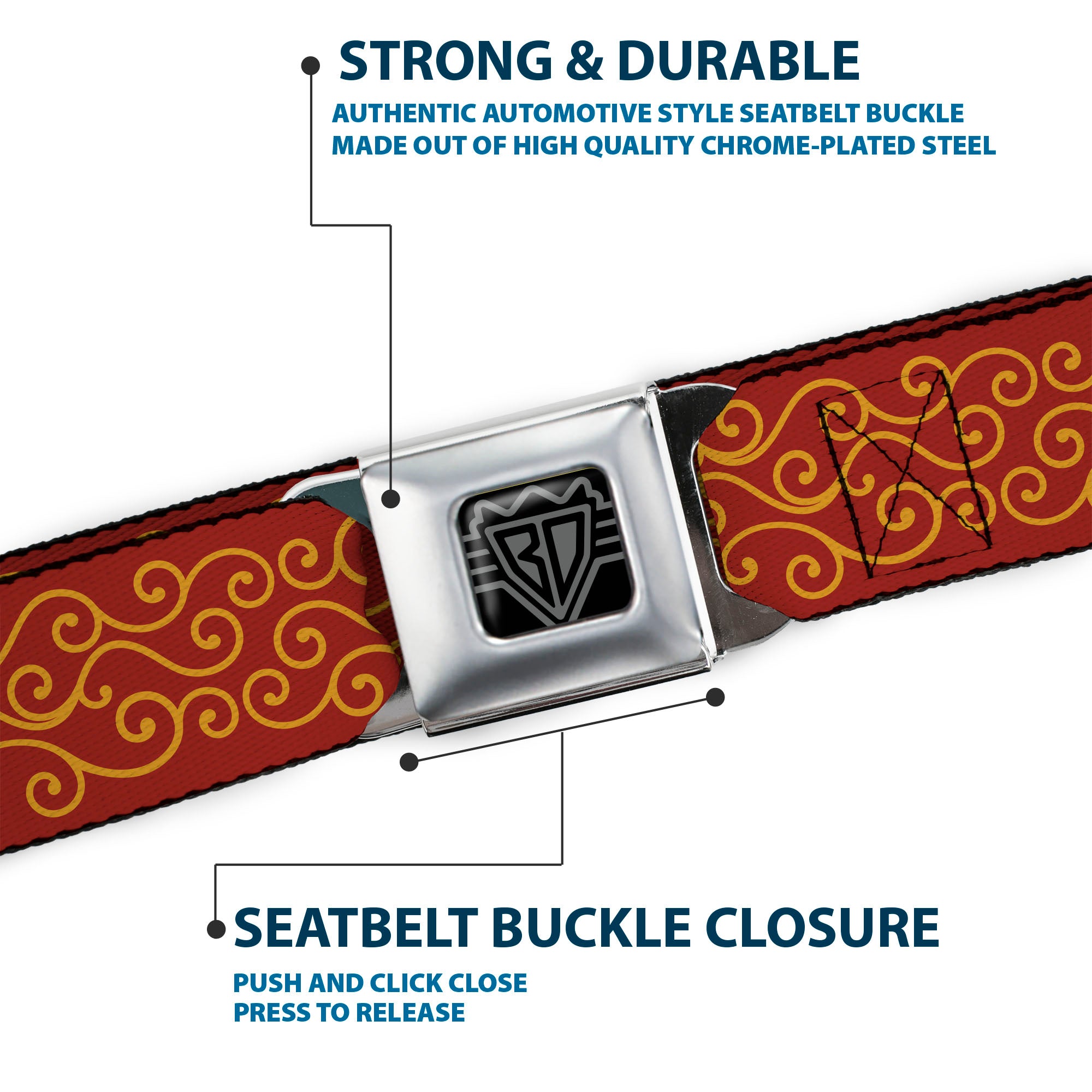 BD Wings Logo CLOSE-UP Full Color Black Silver Seatbelt Belt - Holiday Trim Swirls Red/Gold Webbing Seatbelt Belts Buckle-Down