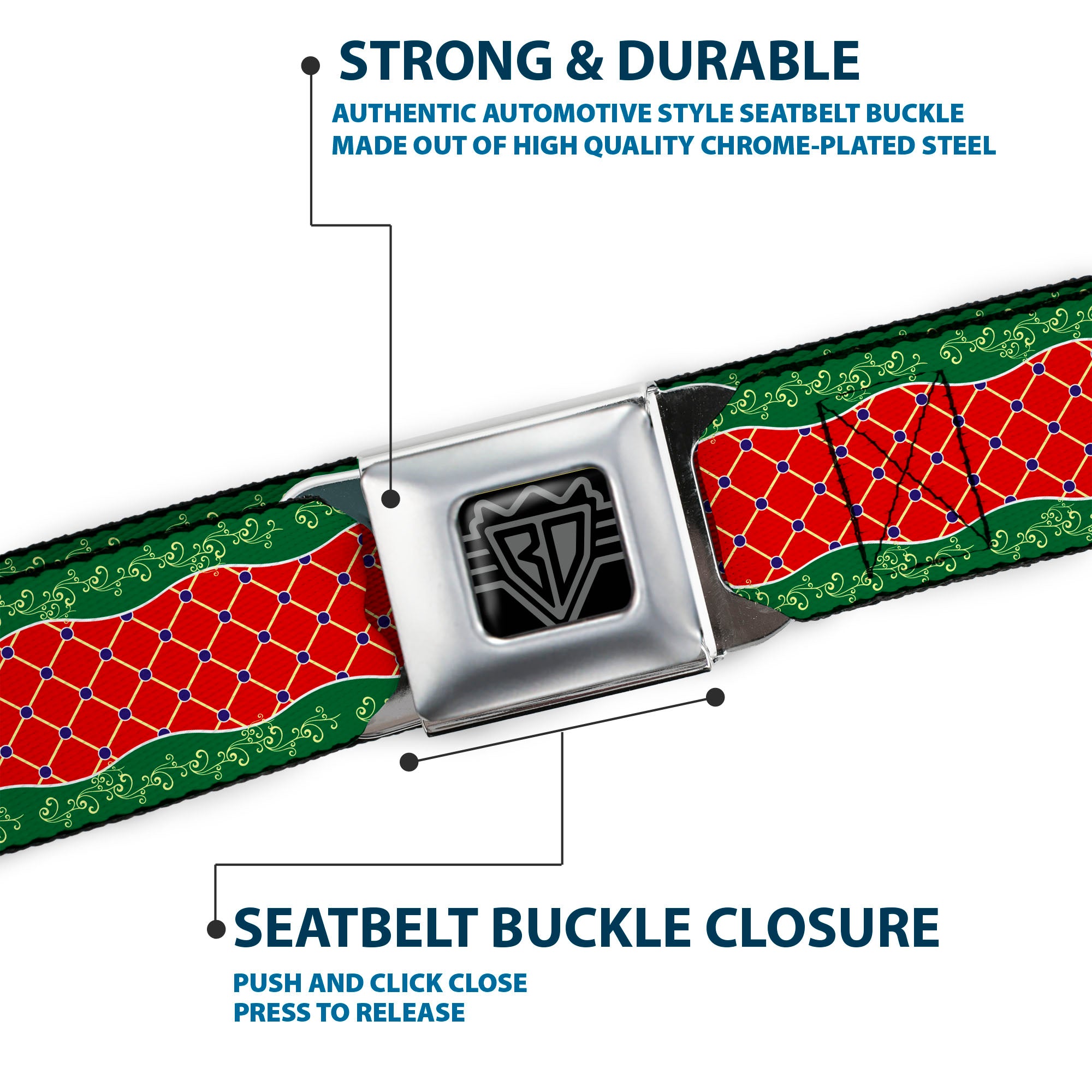 BD Wings Logo CLOSE-UP Full Color Black Silver Seatbelt Belt - Holiday Trim Stripe Green/Red Webbing Seatbelt Belts Buckle-Down