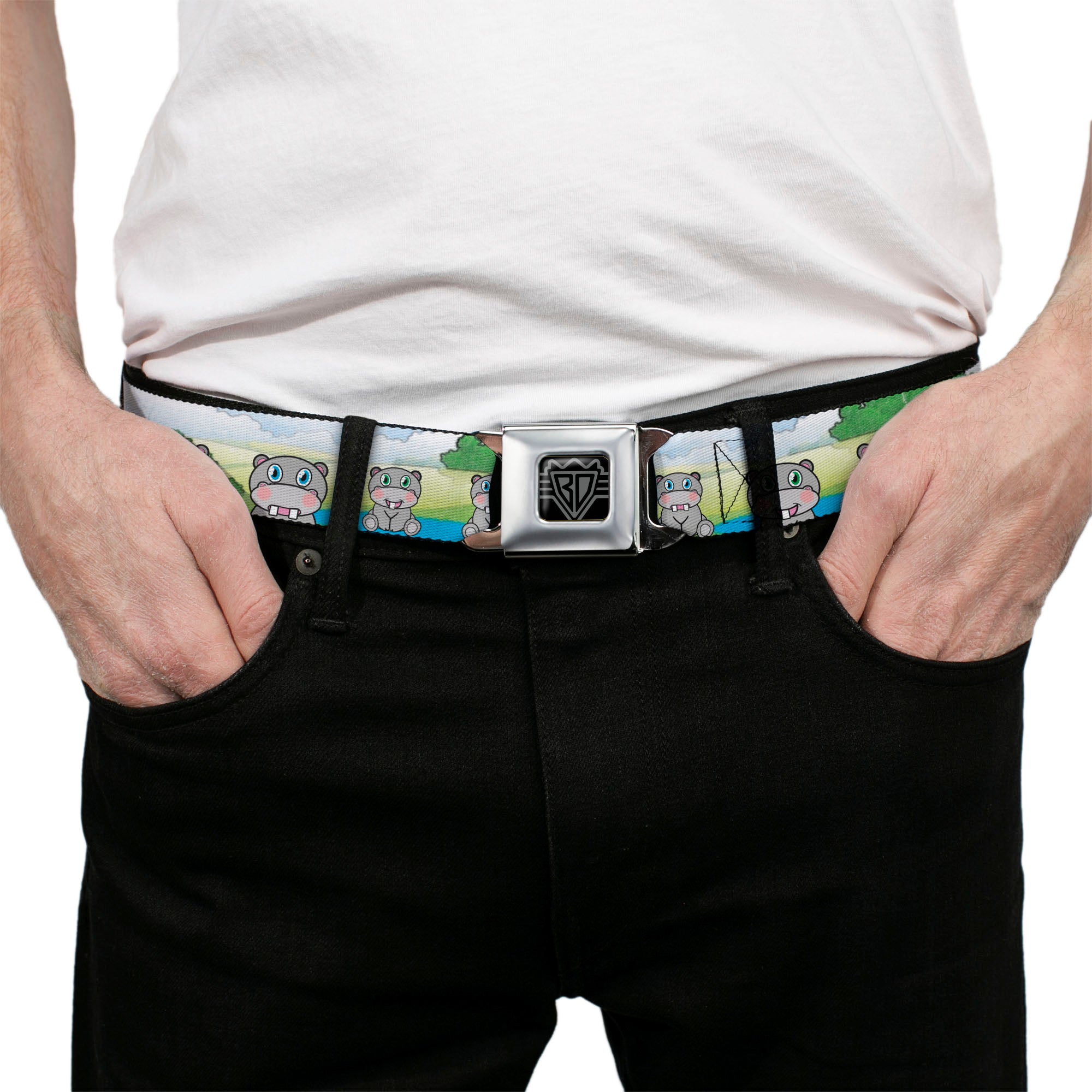 BD Wings Logo CLOSE-UP Full Color Black Silver Seatbelt Belt - Hippo Cartoon Webbing Seatbelt Belts Buckle-Down