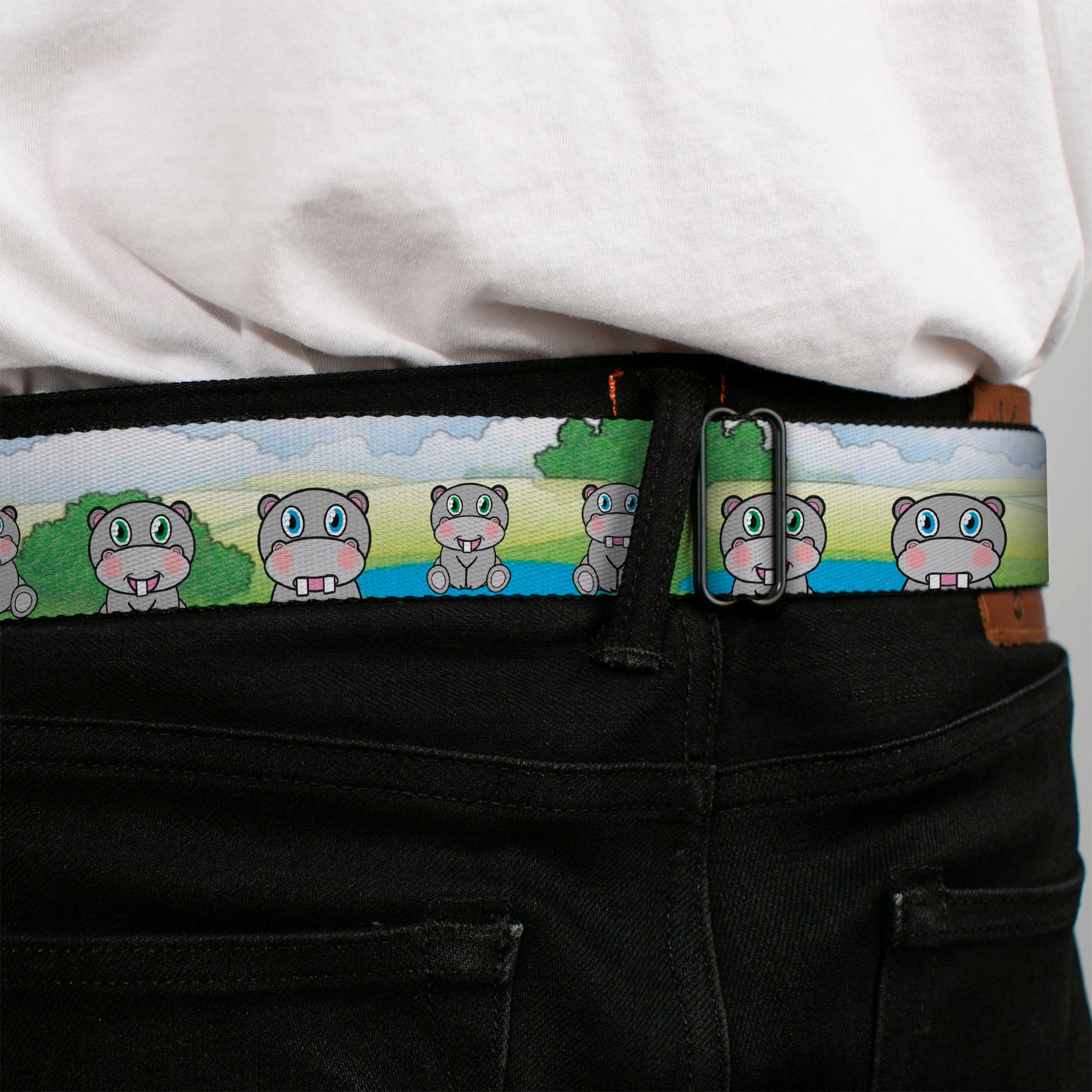 BD Wings Logo CLOSE-UP Full Color Black Silver Seatbelt Belt - Hippo Cartoon Webbing Seatbelt Belts Buckle-Down