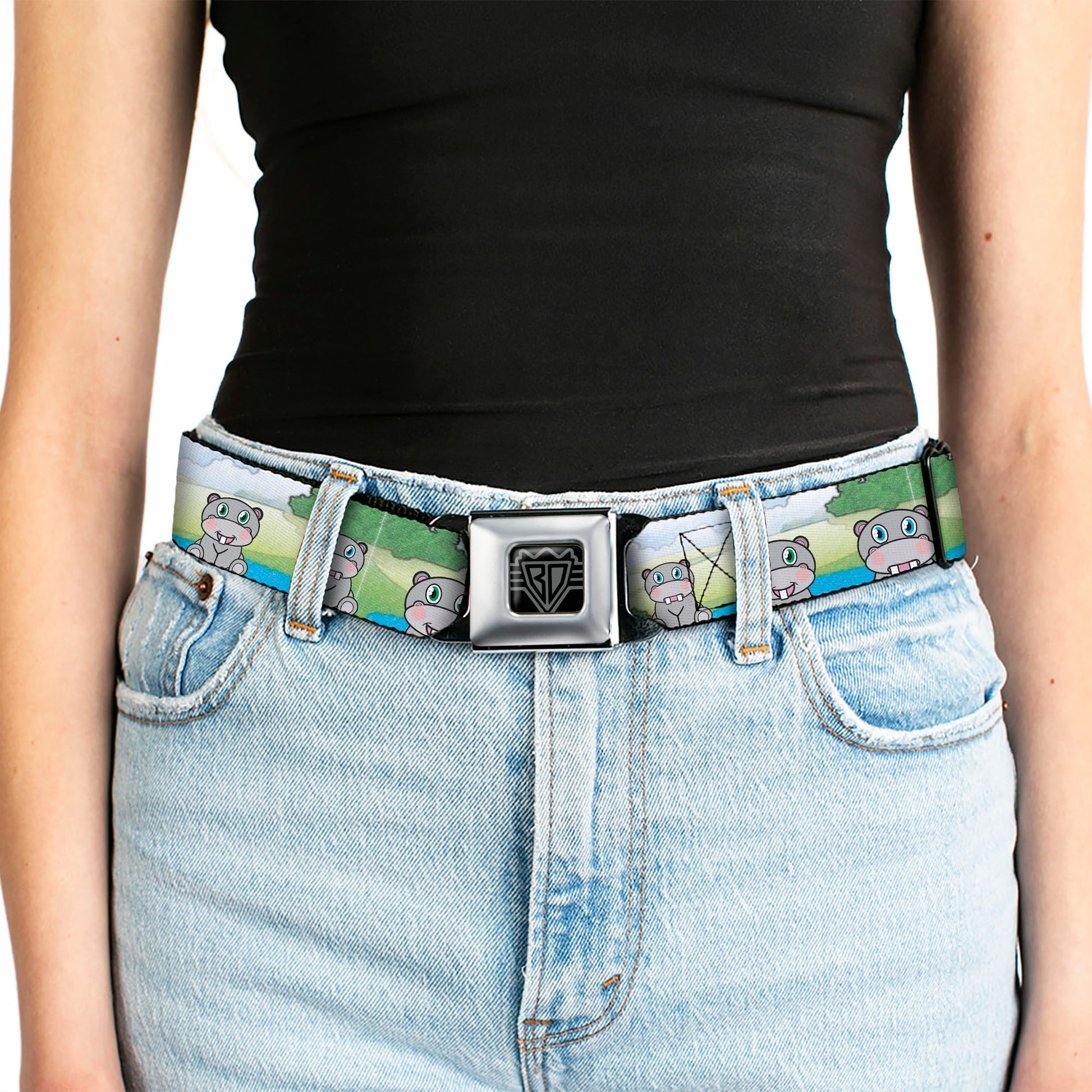 BD Wings Logo CLOSE-UP Full Color Black Silver Seatbelt Belt - Hippo Cartoon Webbing Seatbelt Belts Buckle-Down
