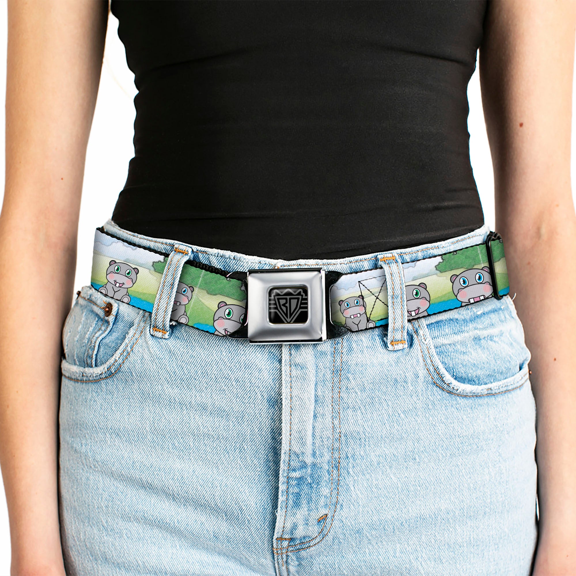 BD Wings Logo CLOSE-UP Full Color Black Silver Seatbelt Belt - Hippo Cartoon Webbing Seatbelt Belts Buckle-Down