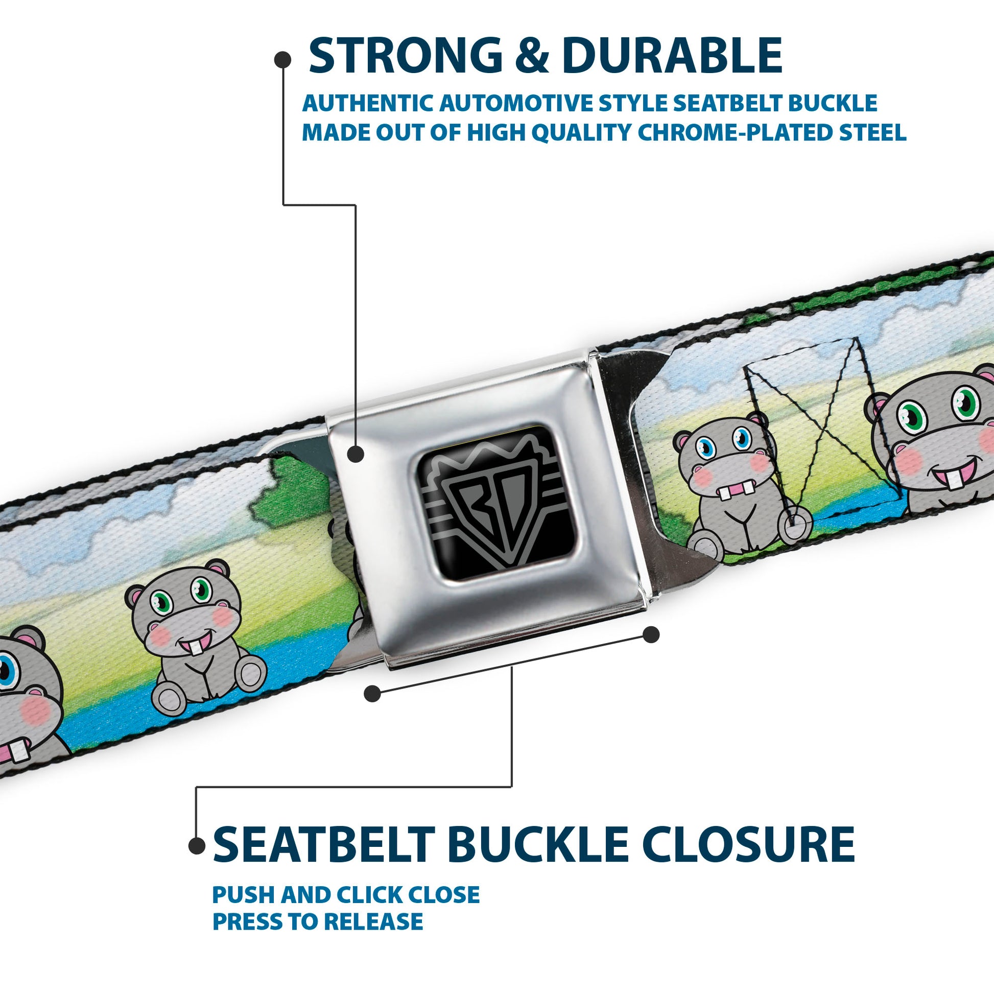 BD Wings Logo CLOSE-UP Full Color Black Silver Seatbelt Belt - Hippo Cartoon Webbing Seatbelt Belts Buckle-Down