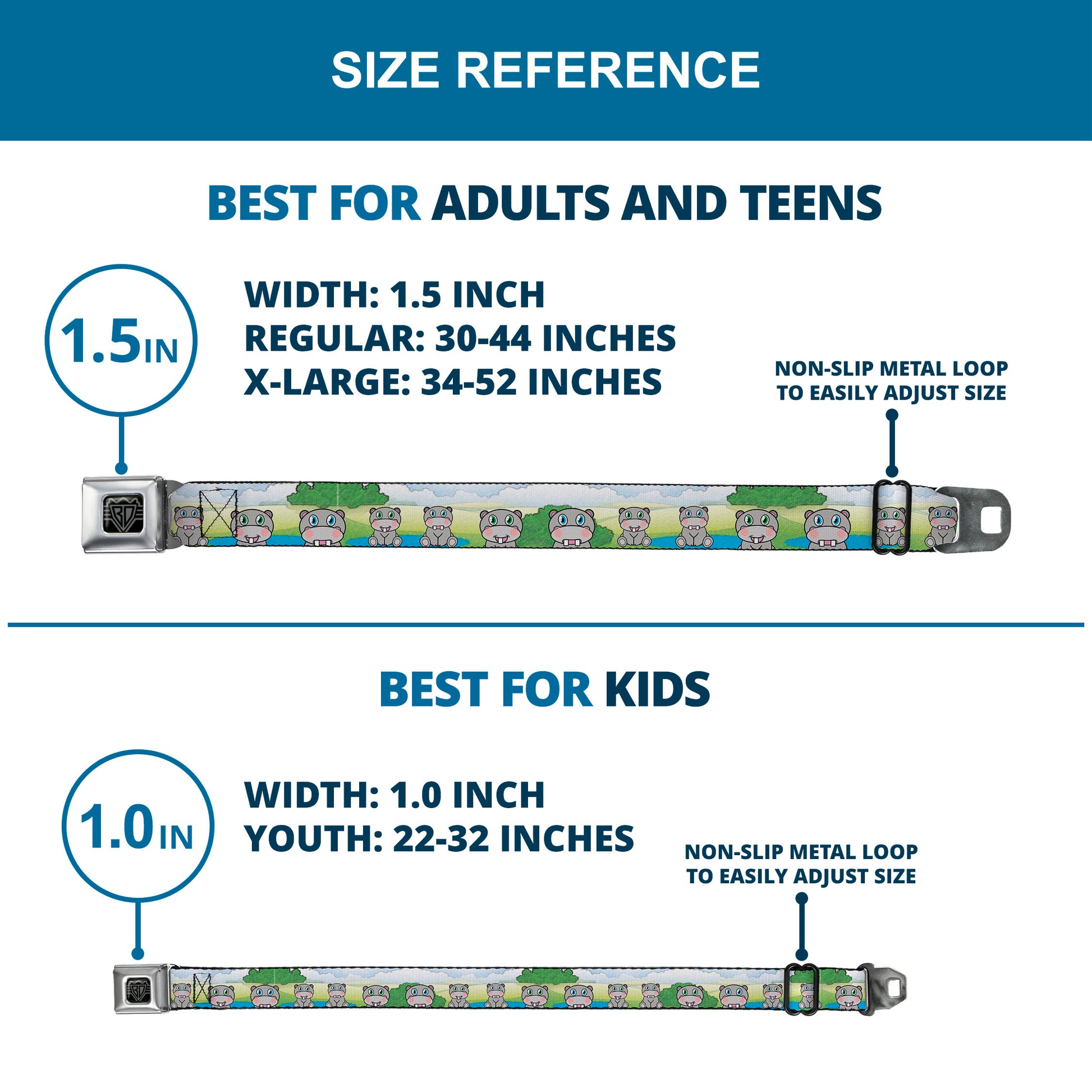 BD Wings Logo CLOSE-UP Full Color Black Silver Seatbelt Belt - Hippo Cartoon Webbing Seatbelt Belts Buckle-Down