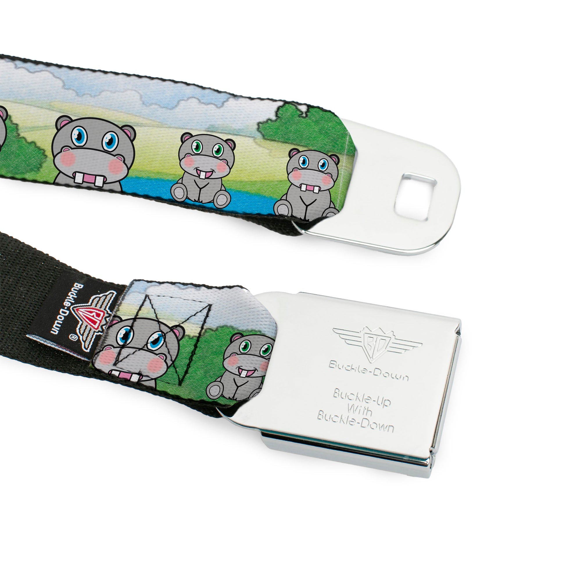 BD Wings Logo CLOSE-UP Full Color Black Silver Seatbelt Belt - Hippo Cartoon Webbing Seatbelt Belts Buckle-Down