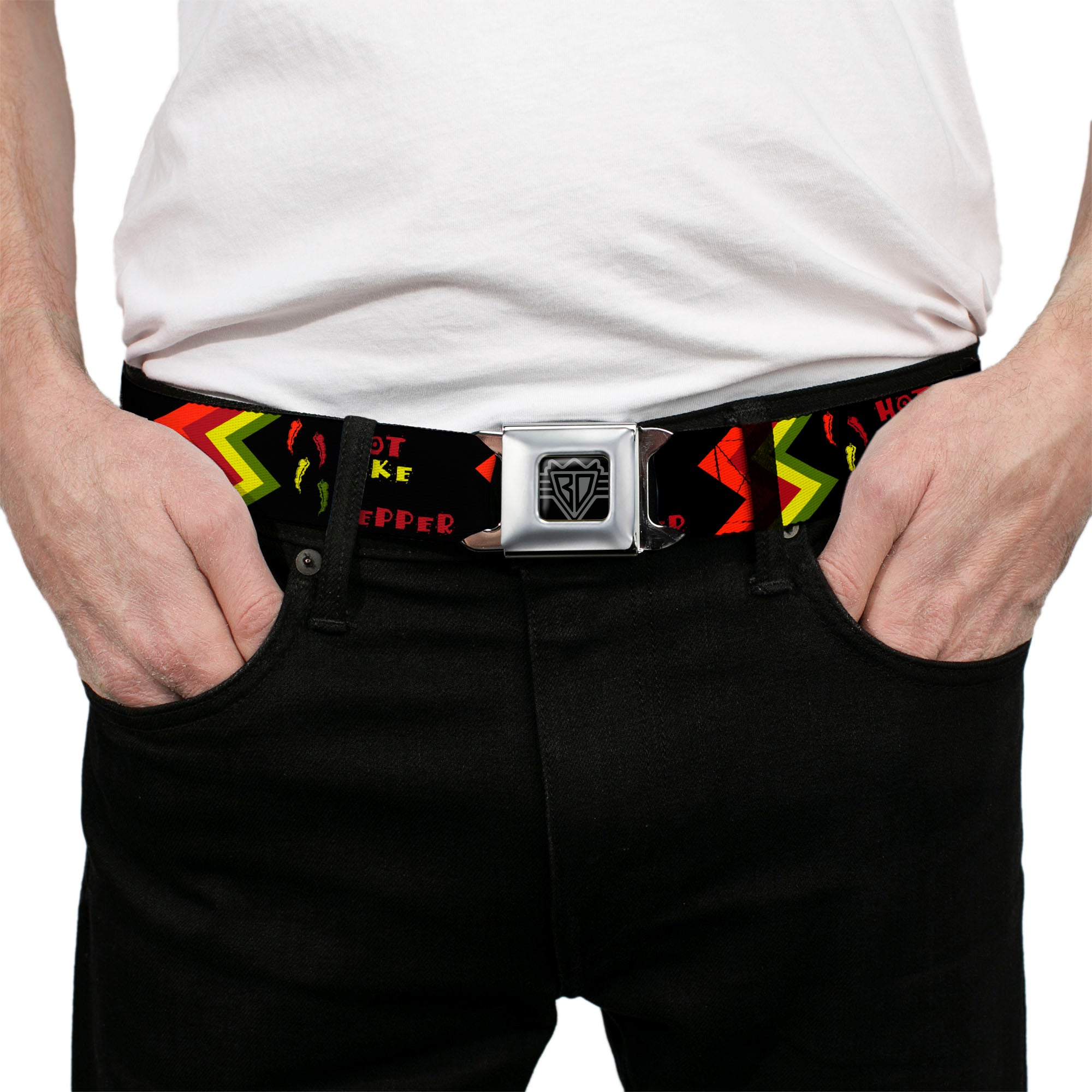 BD Wings Logo CLOSE-UP Full Color Black Silver Seatbelt Belt - Hot Like A Pepper Webbing Seatbelt Belts Buckle-Down