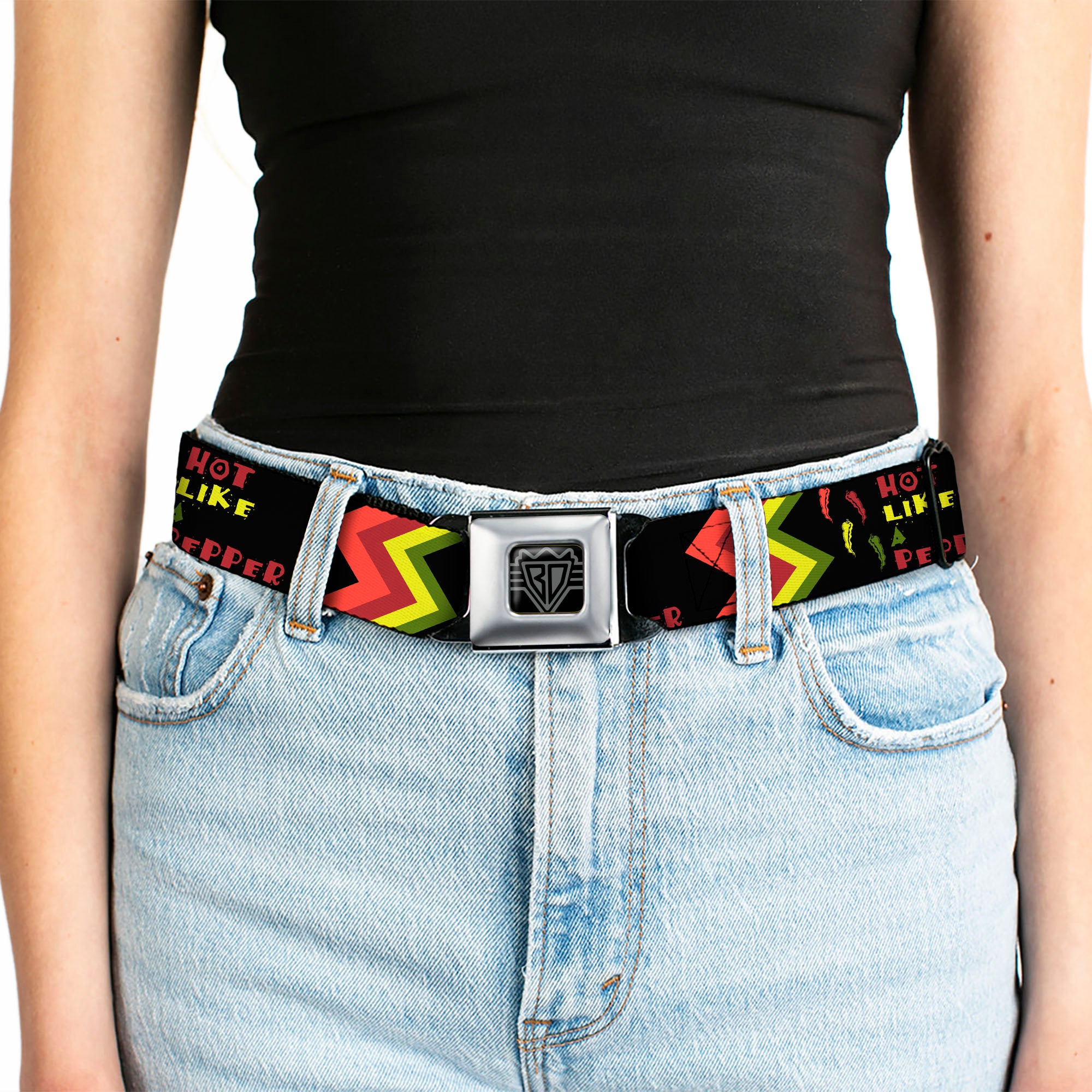 BD Wings Logo CLOSE-UP Full Color Black Silver Seatbelt Belt - Hot Like A Pepper Webbing Seatbelt Belts Buckle-Down
