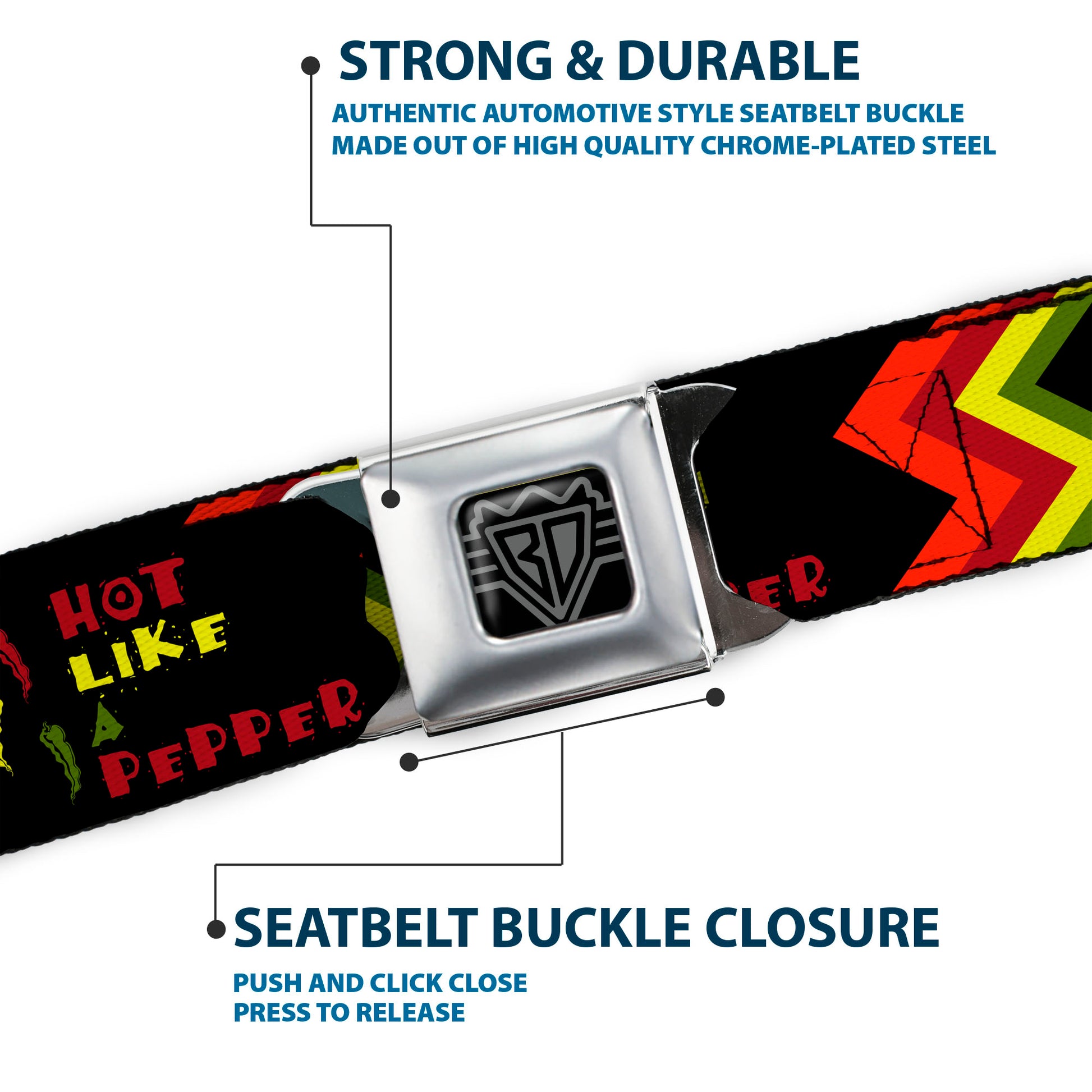 BD Wings Logo CLOSE-UP Full Color Black Silver Seatbelt Belt - Hot Like A Pepper Webbing Seatbelt Belts Buckle-Down