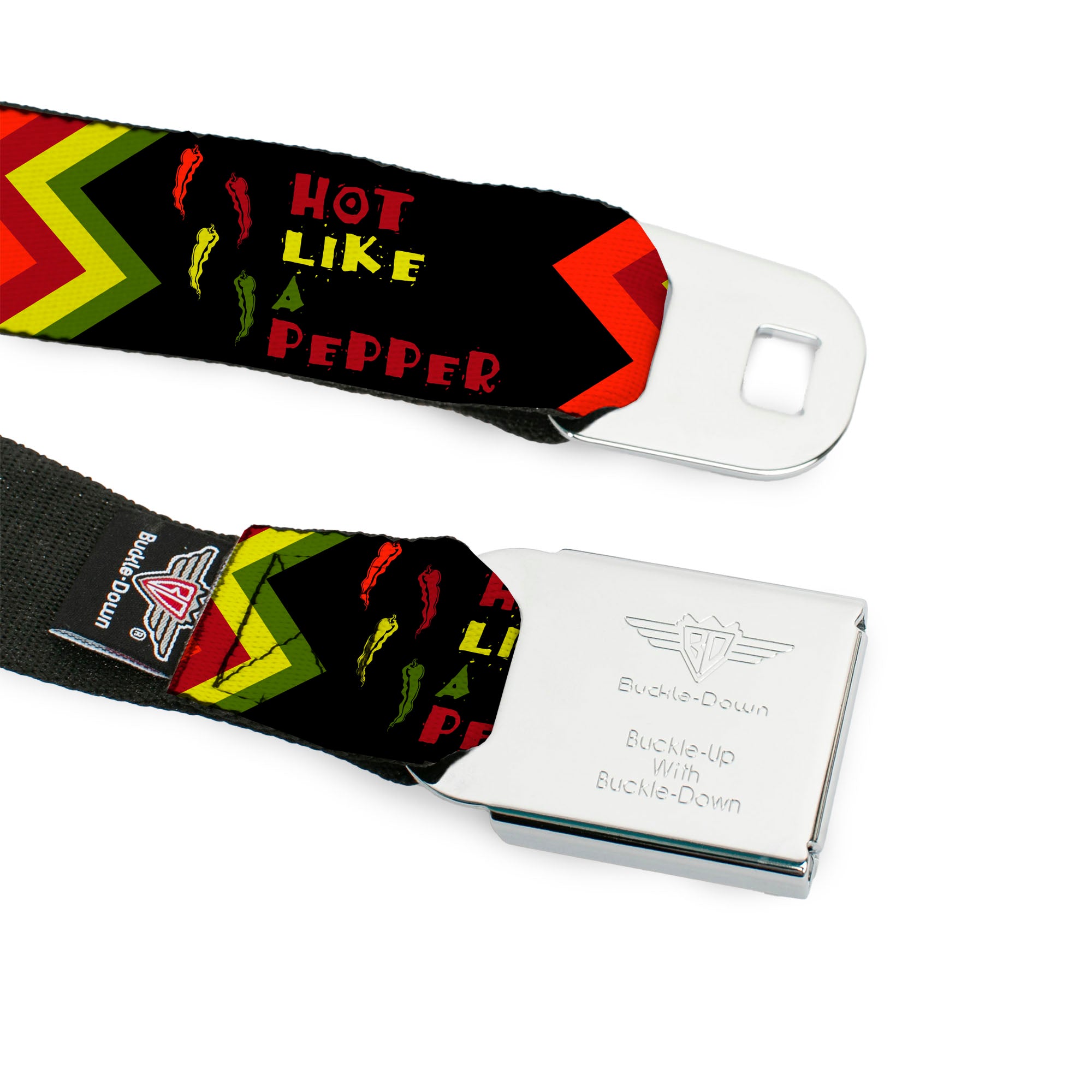 BD Wings Logo CLOSE-UP Full Color Black Silver Seatbelt Belt - Hot Like A Pepper Webbing Seatbelt Belts Buckle-Down