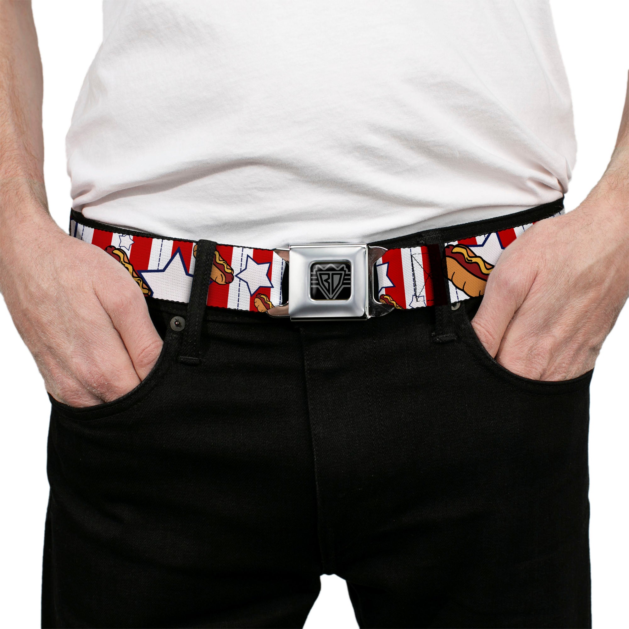 BD Wings Logo CLOSE-UP Full Color Black Silver Seatbelt Belt - Hot Dogs Webbing Seatbelt Belts Buckle-Down