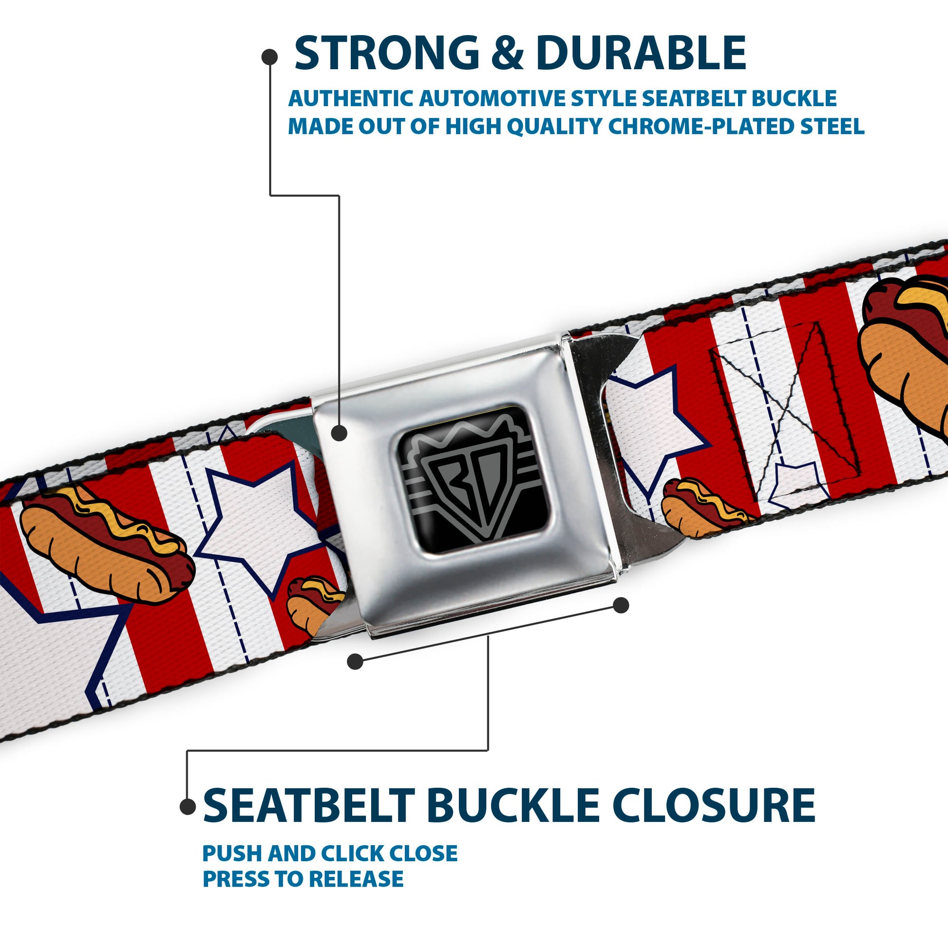 BD Wings Logo CLOSE-UP Full Color Black Silver Seatbelt Belt - Hot Dogs Webbing Seatbelt Belts Buckle-Down