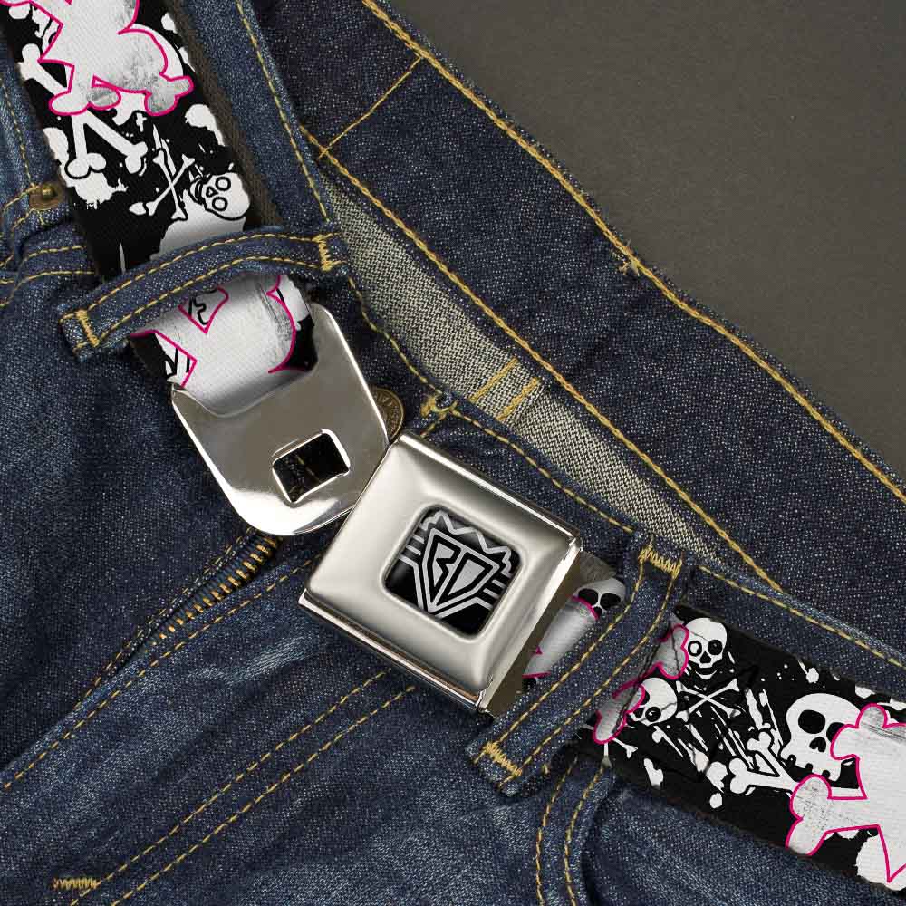BD Wings Logo CLOSE-UP Full Color Black Silver Seatbelt Belt - Heart & Cross Bones w/Skulls & Splatter Black/White Webbing Seatbelt Belts Buckle-Down