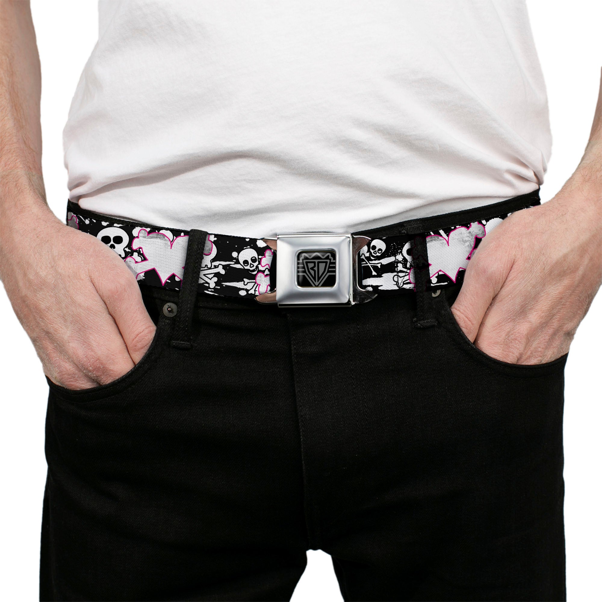 BD Wings Logo CLOSE-UP Full Color Black Silver Seatbelt Belt - Heart & Cross Bones w/Skulls & Splatter Black/White Webbing Seatbelt Belts Buckle-Down