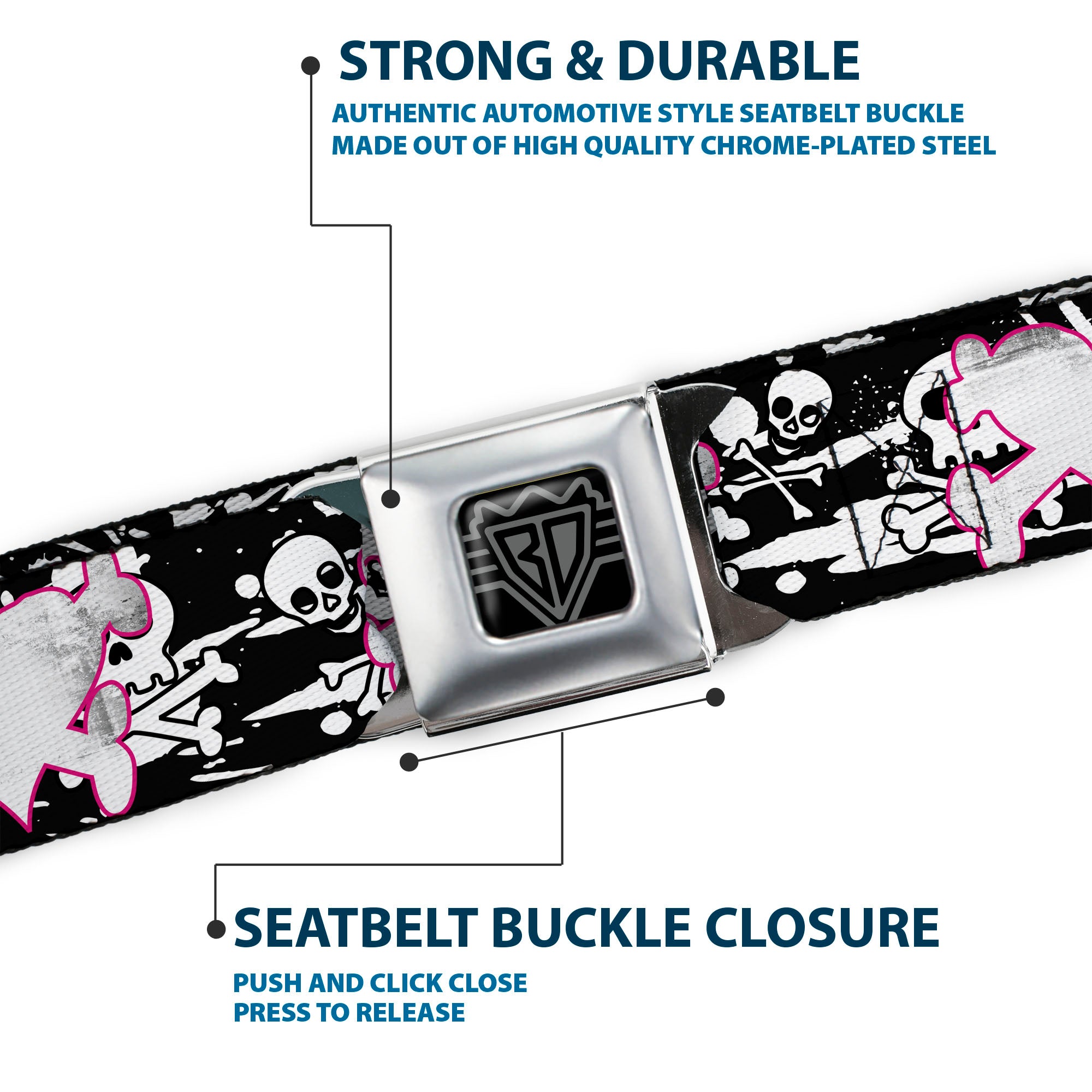 BD Wings Logo CLOSE-UP Full Color Black Silver Seatbelt Belt - Heart & Cross Bones w/Skulls & Splatter Black/White Webbing Seatbelt Belts Buckle-Down