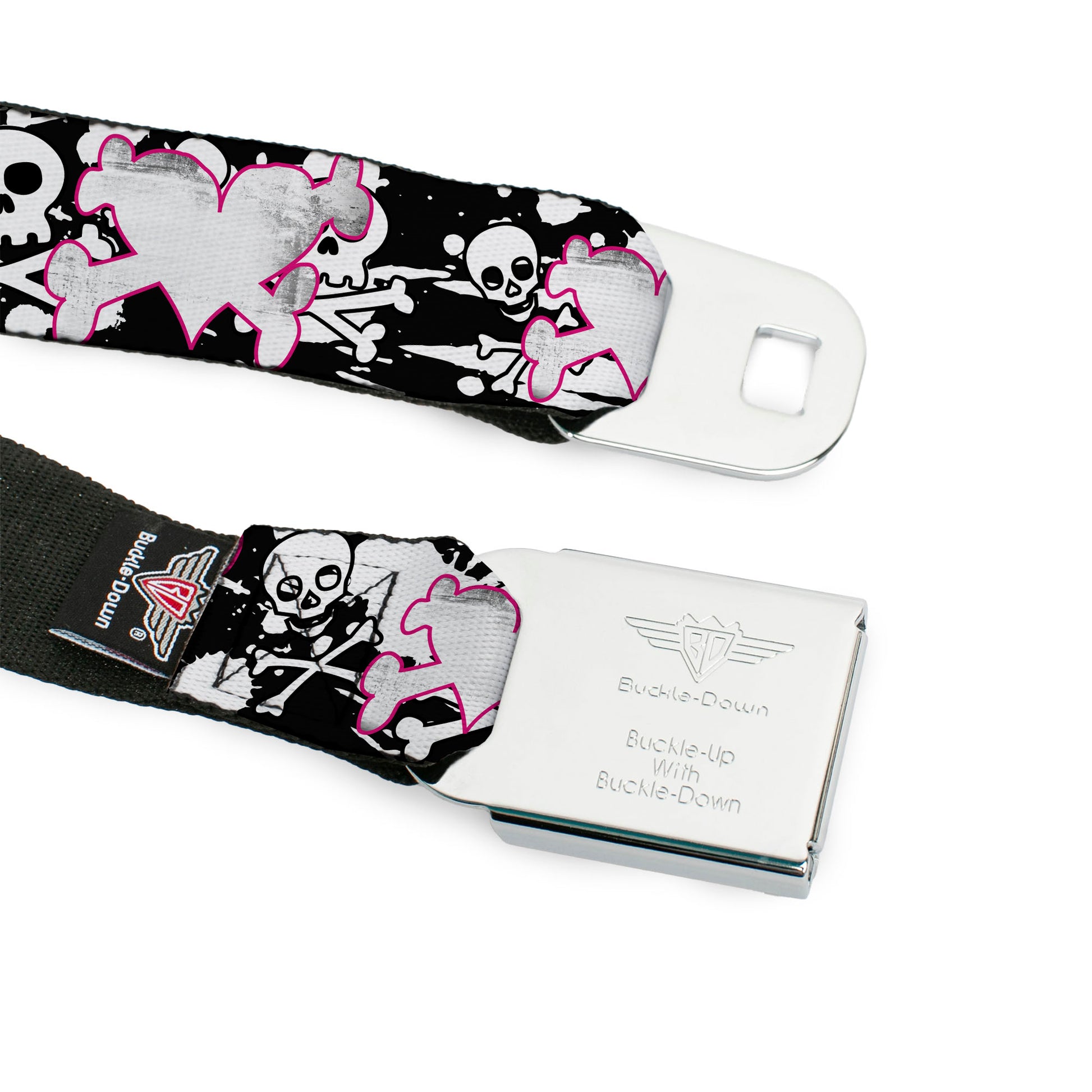 BD Wings Logo CLOSE-UP Full Color Black Silver Seatbelt Belt - Heart & Cross Bones w/Skulls & Splatter Black/White Webbing Seatbelt Belts Buckle-Down