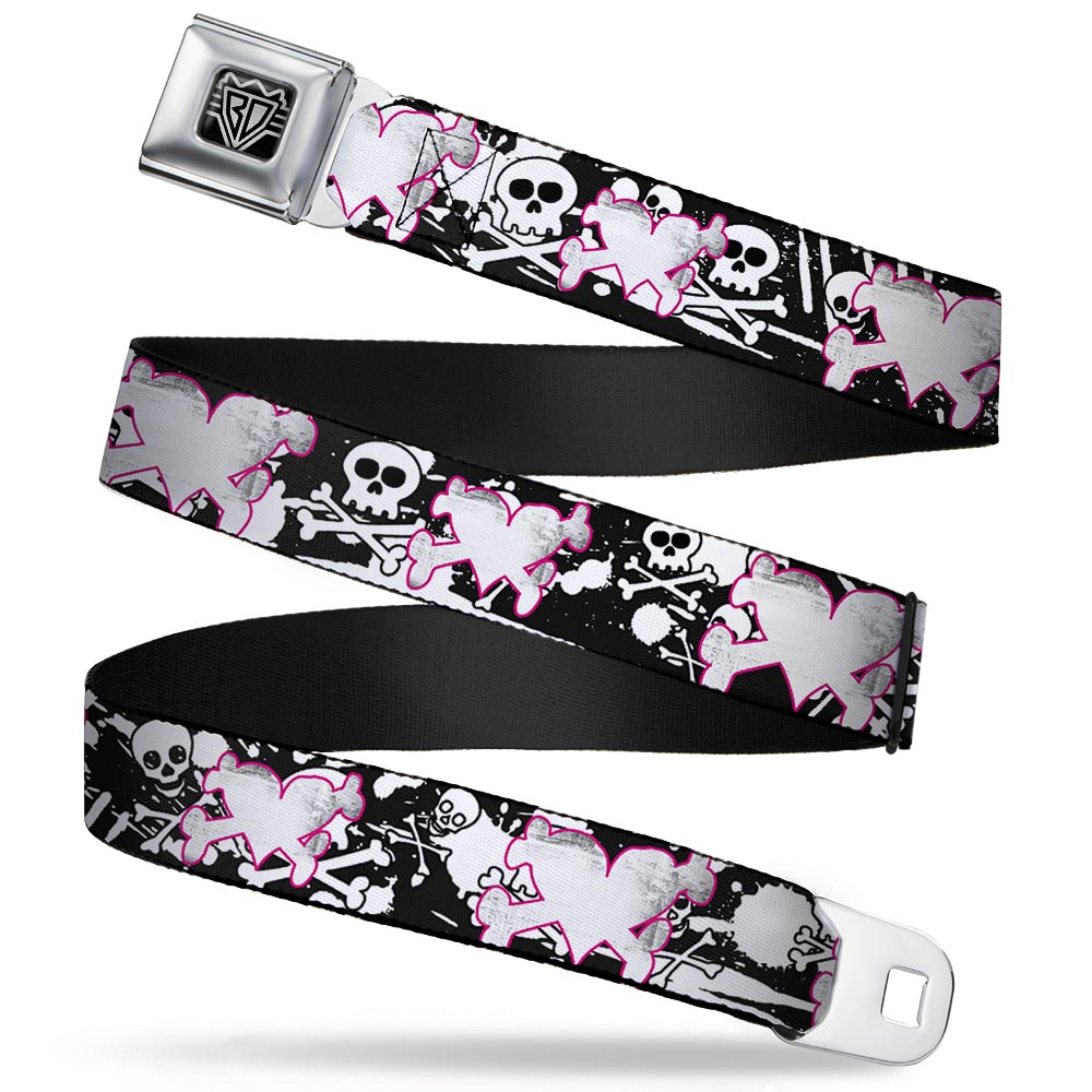 BD Wings Logo CLOSE-UP Full Color Black Silver Seatbelt Belt - Heart & Cross Bones w/Skulls & Splatter Black/White Webbing Seatbelt Belts Buckle-Down