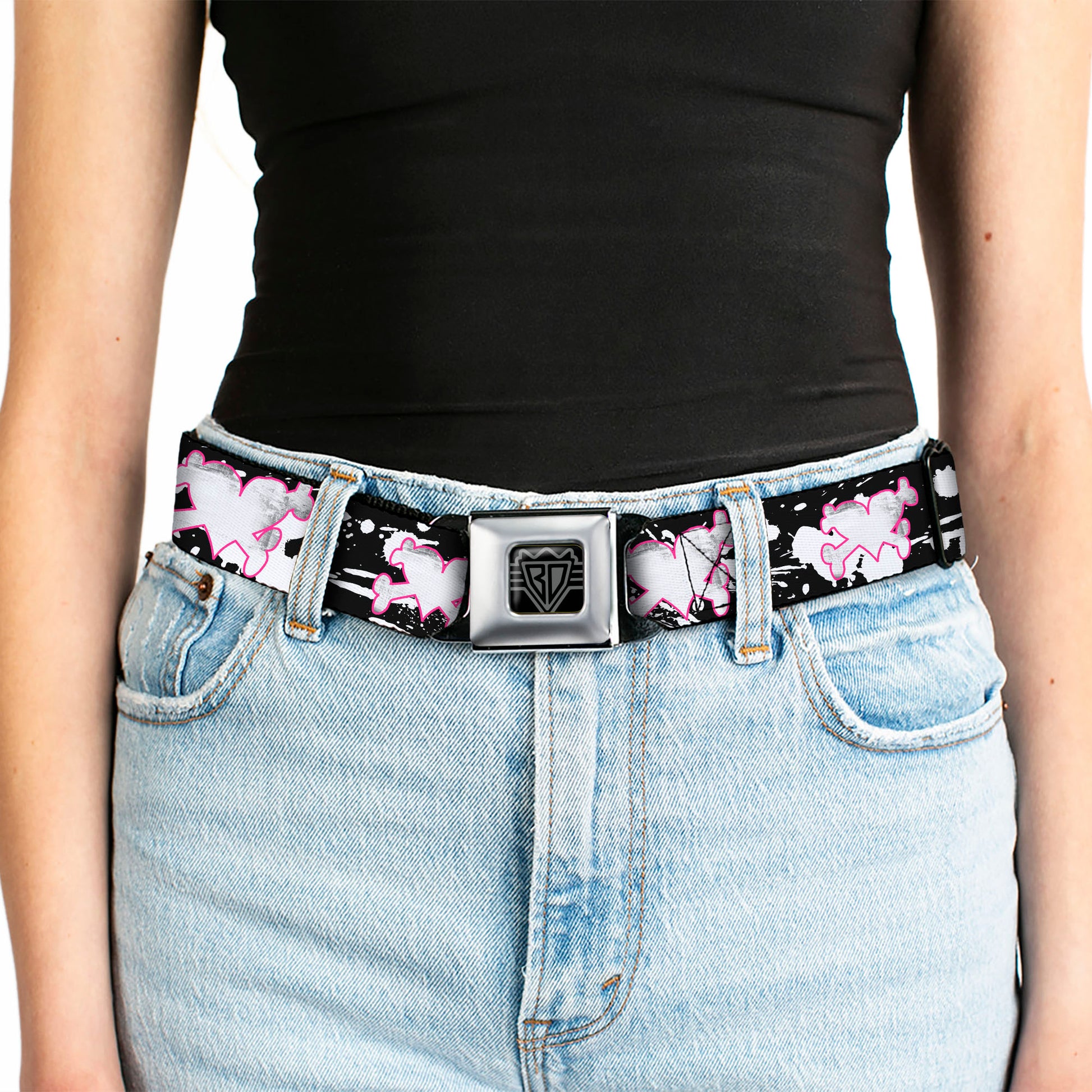 BD Wings Logo CLOSE-UP Full Color Black Silver Seatbelt Belt - Heart & Cross Bones w/Splatter Black/White Webbing Seatbelt Belts Buckle-Down