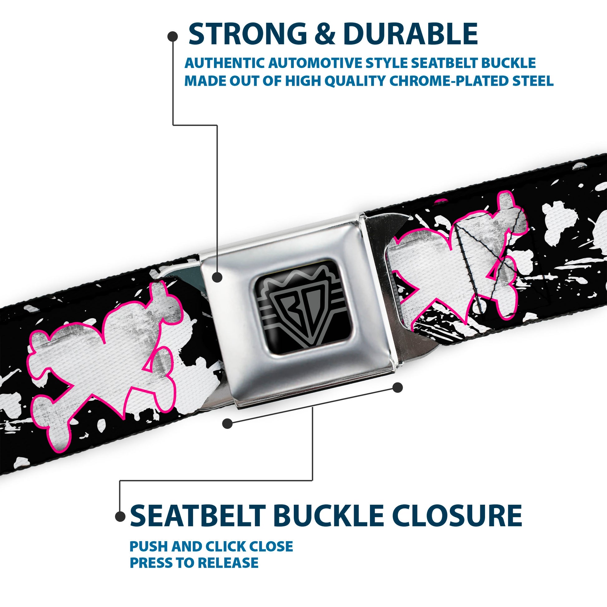 BD Wings Logo CLOSE-UP Full Color Black Silver Seatbelt Belt - Heart & Cross Bones w/Splatter Black/White Webbing Seatbelt Belts Buckle-Down