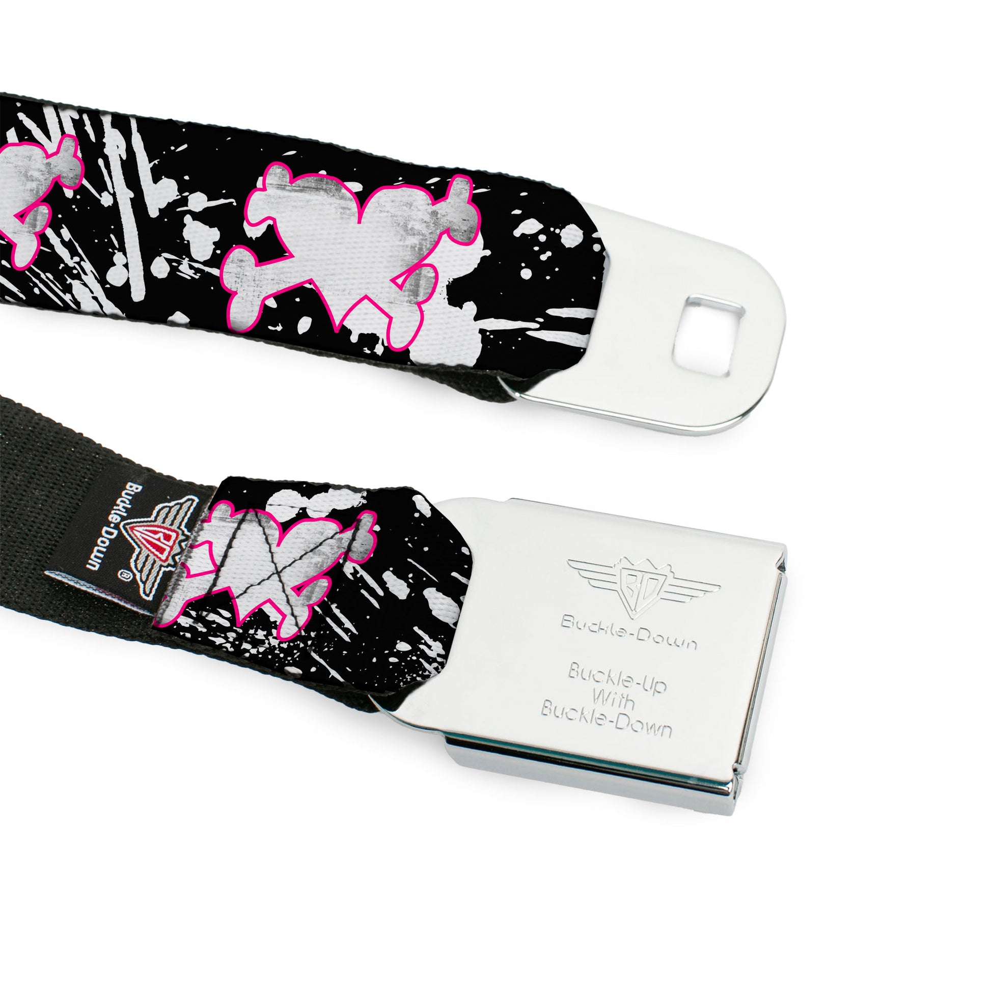BD Wings Logo CLOSE-UP Full Color Black Silver Seatbelt Belt - Heart & Cross Bones w/Splatter Black/White Webbing Seatbelt Belts Buckle-Down