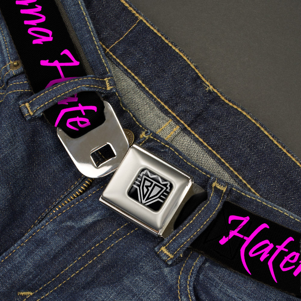 BD Wings Logo CLOSE-UP Full Color Black Silver Seatbelt Belt - Haters Gonna Hate w/Gem Black/Fuchsia Webbing Seatbelt Belts Buckle-Down