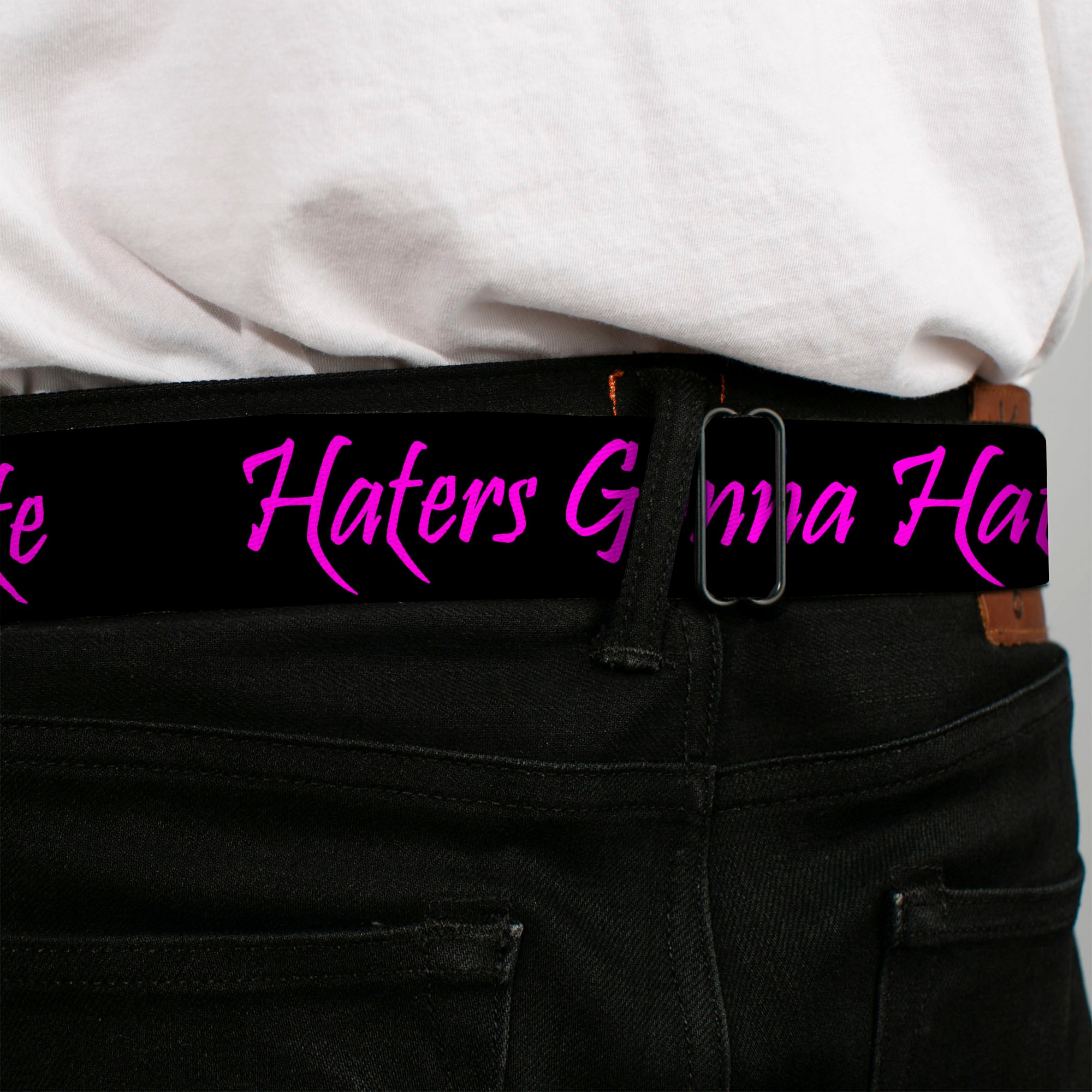 BD Wings Logo CLOSE-UP Full Color Black Silver Seatbelt Belt - Haters Gonna Hate w/Gem Black/Fuchsia Webbing Seatbelt Belts Buckle-Down