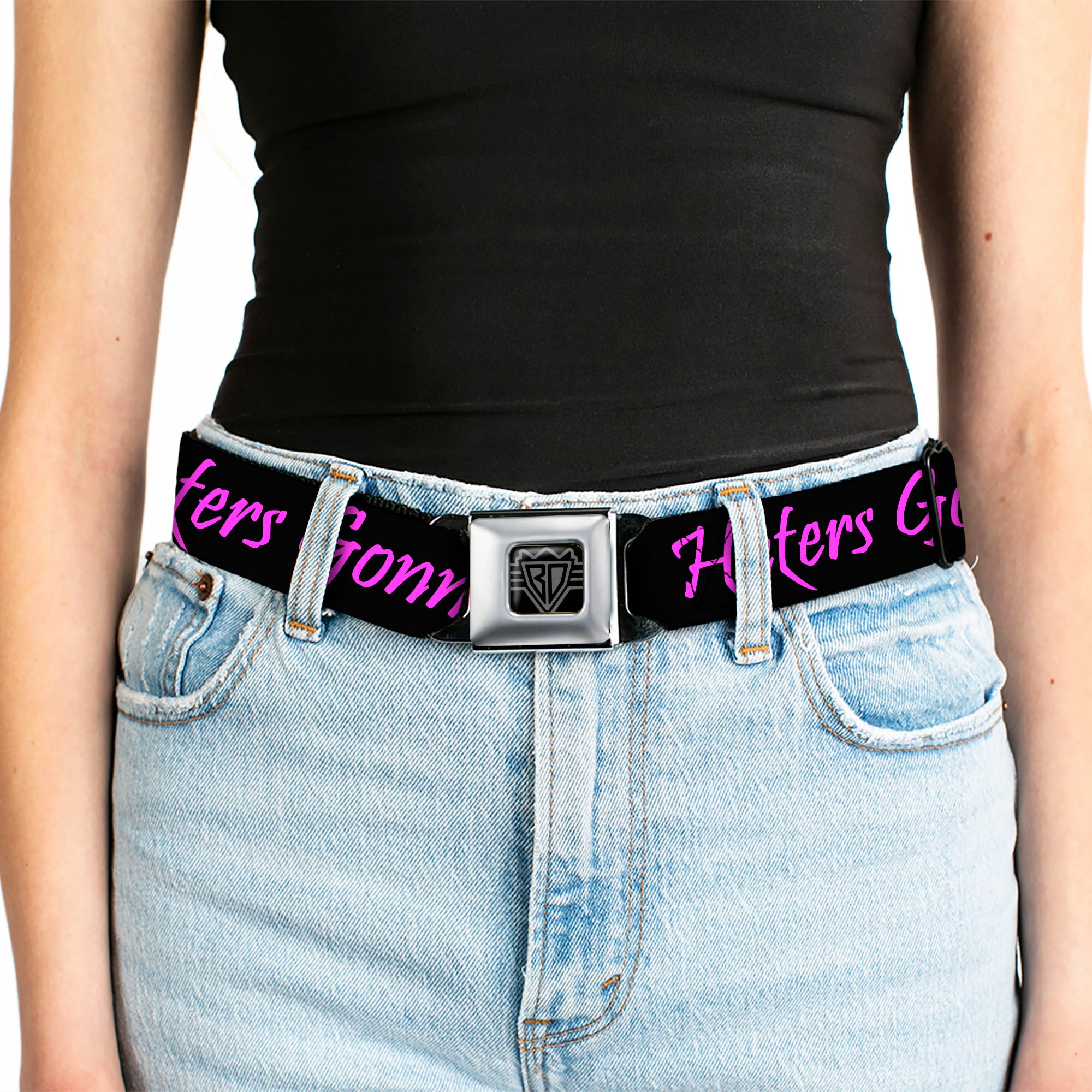 BD Wings Logo CLOSE-UP Full Color Black Silver Seatbelt Belt - Haters Gonna Hate w/Gem Black/Fuchsia Webbing Seatbelt Belts Buckle-Down