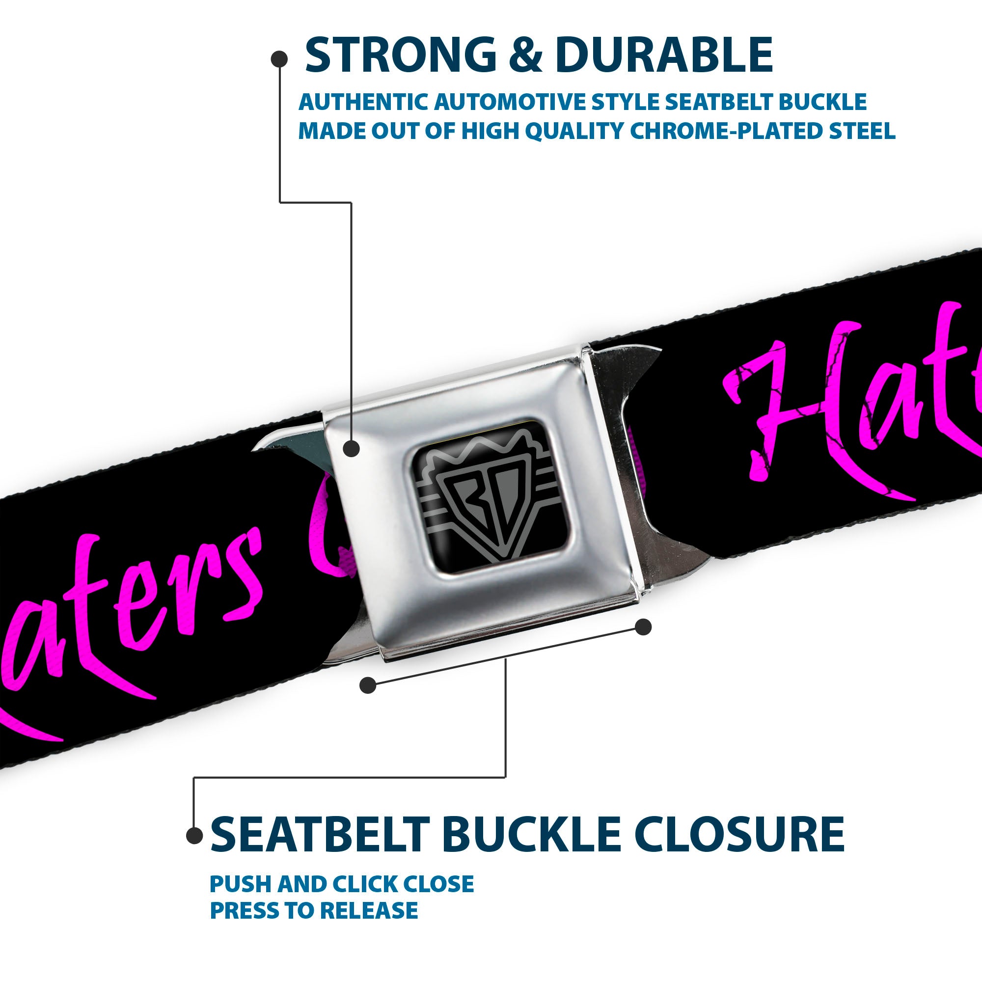 BD Wings Logo CLOSE-UP Full Color Black Silver Seatbelt Belt - Haters Gonna Hate w/Gem Black/Fuchsia Webbing Seatbelt Belts Buckle-Down