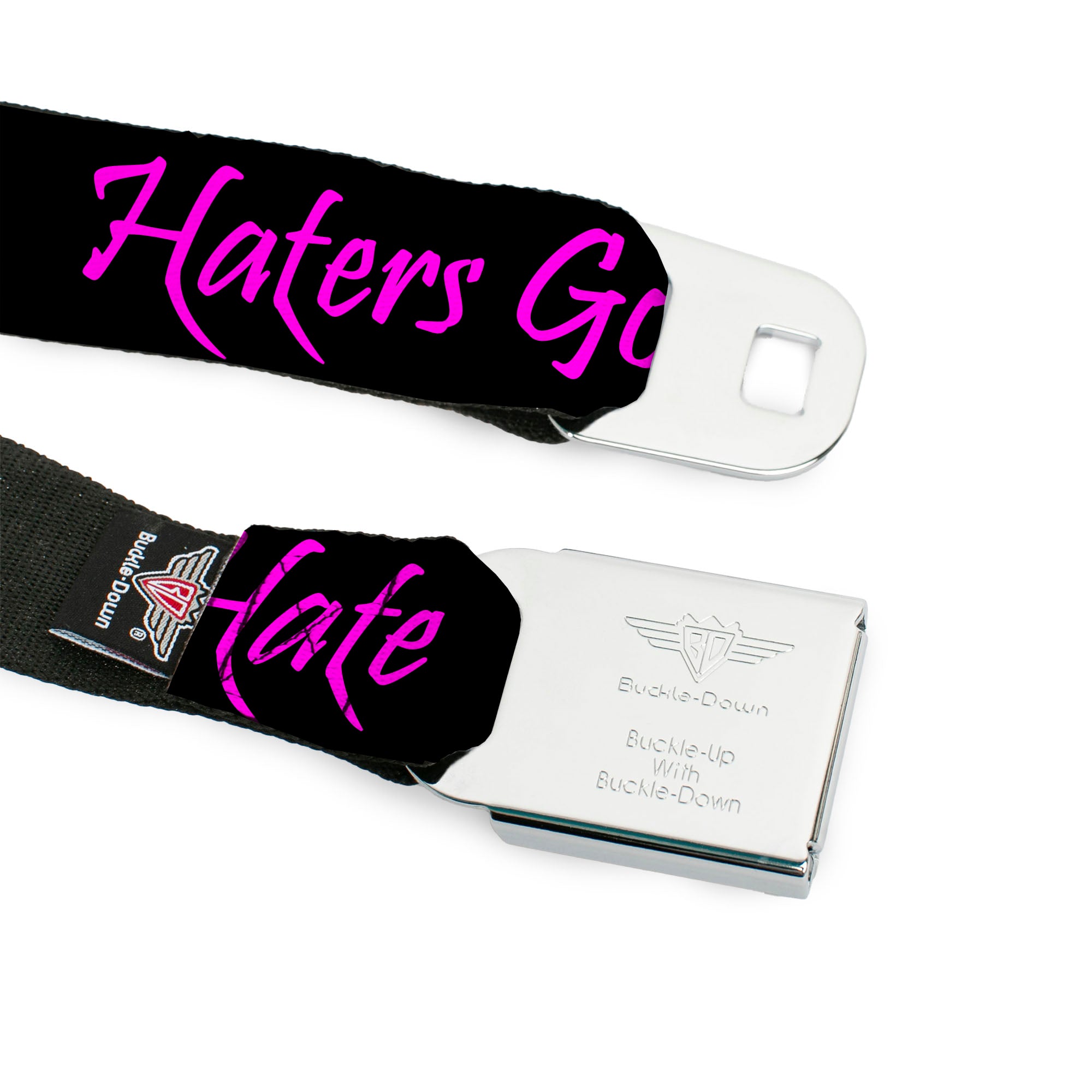 BD Wings Logo CLOSE-UP Full Color Black Silver Seatbelt Belt - Haters Gonna Hate w/Gem Black/Fuchsia Webbing Seatbelt Belts Buckle-Down