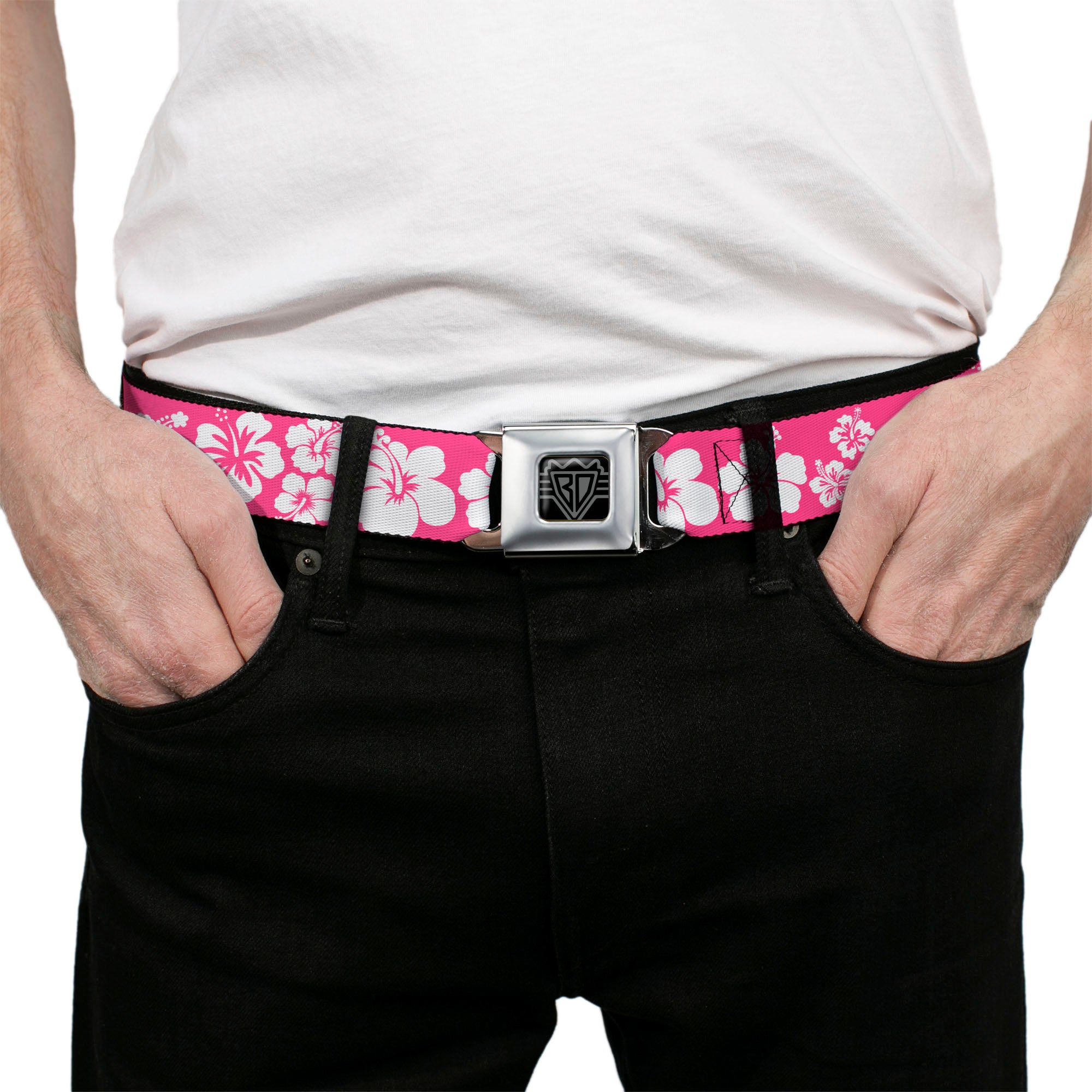 BD Wings Logo CLOSE-UP Full Color Black Silver Seatbelt Belt - Hibiscus Neon Pink/White Webbing Seatbelt Belts Buckle-Down
