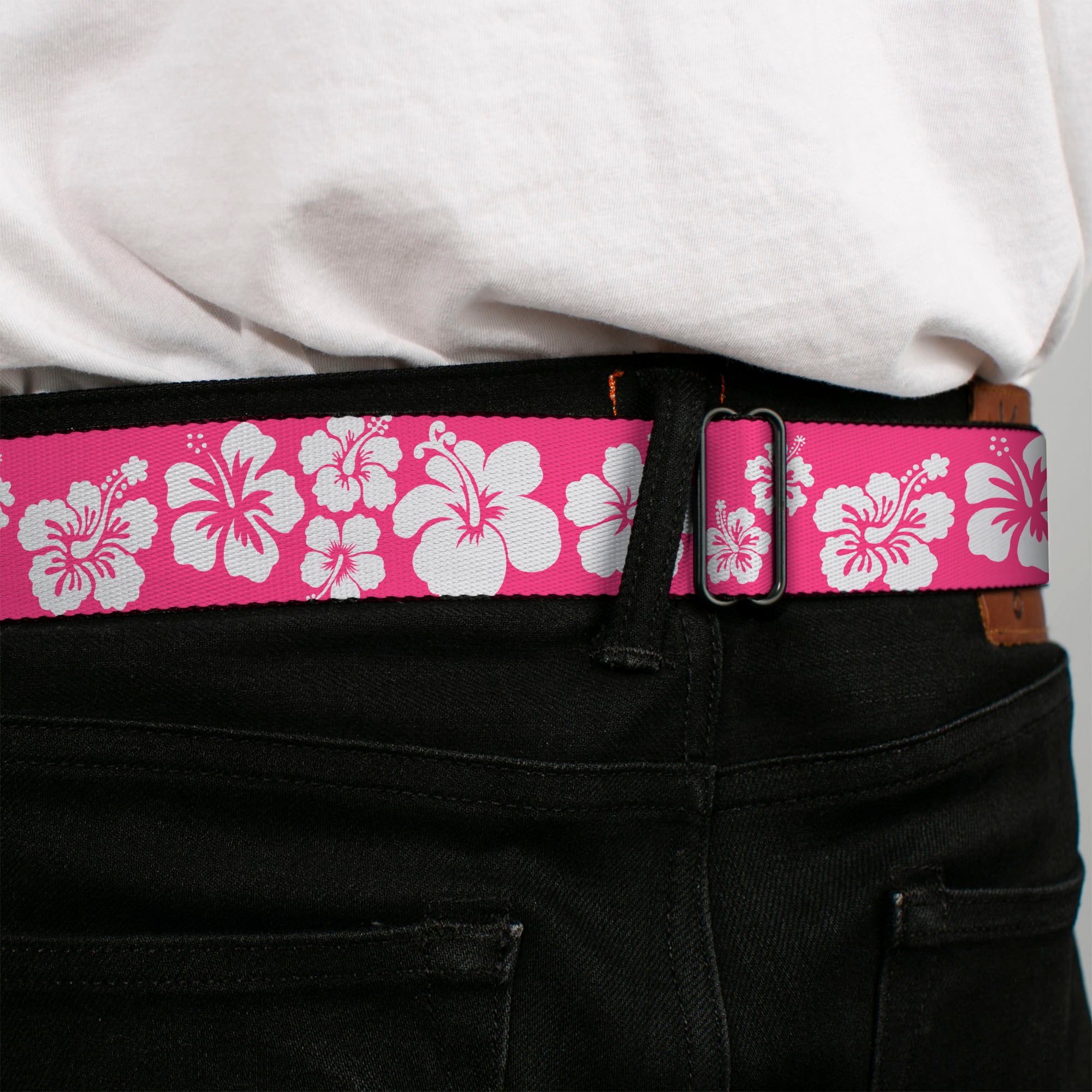 BD Wings Logo CLOSE-UP Full Color Black Silver Seatbelt Belt - Hibiscus Neon Pink/White Webbing Seatbelt Belts Buckle-Down