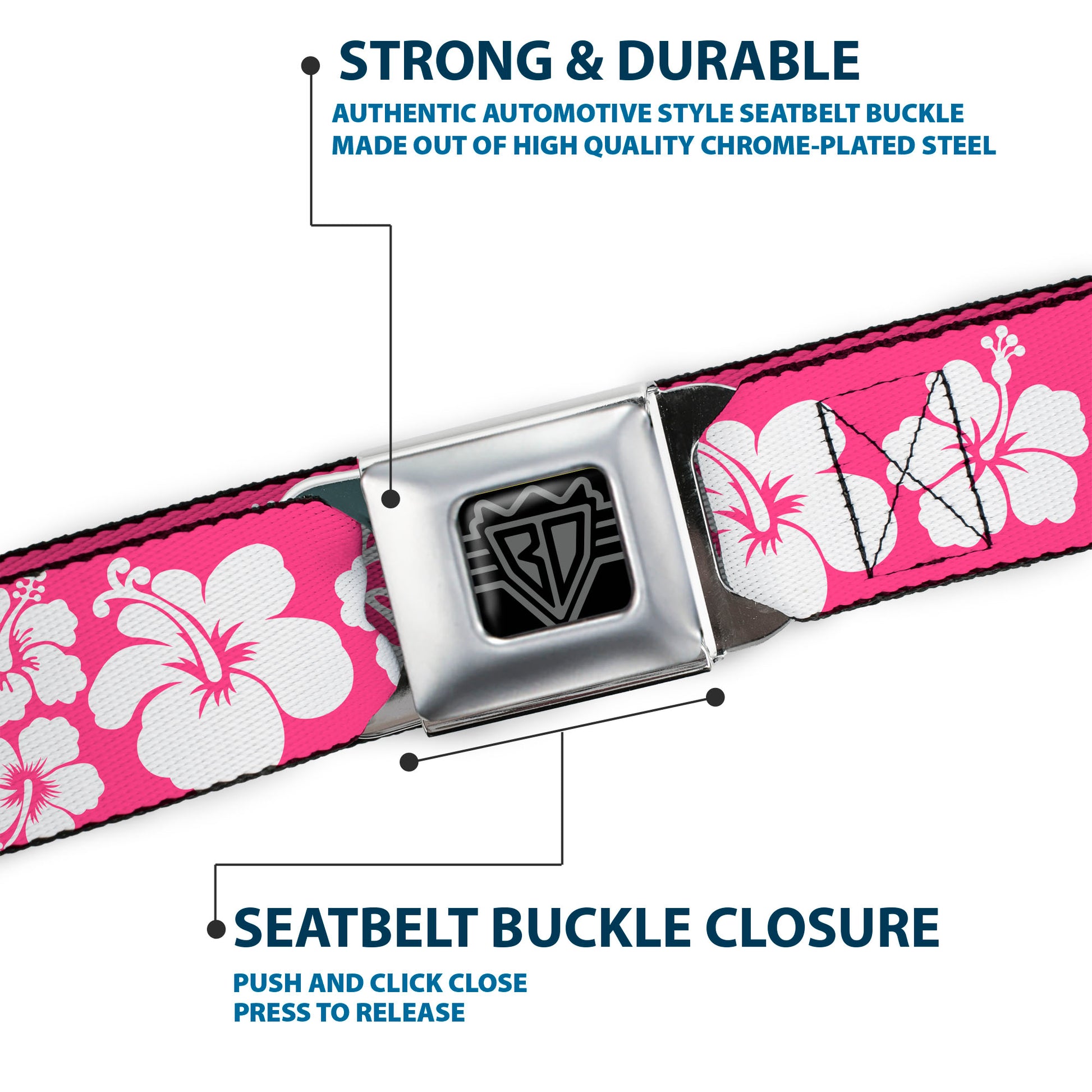 BD Wings Logo CLOSE-UP Full Color Black Silver Seatbelt Belt - Hibiscus Neon Pink/White Webbing Seatbelt Belts Buckle-Down