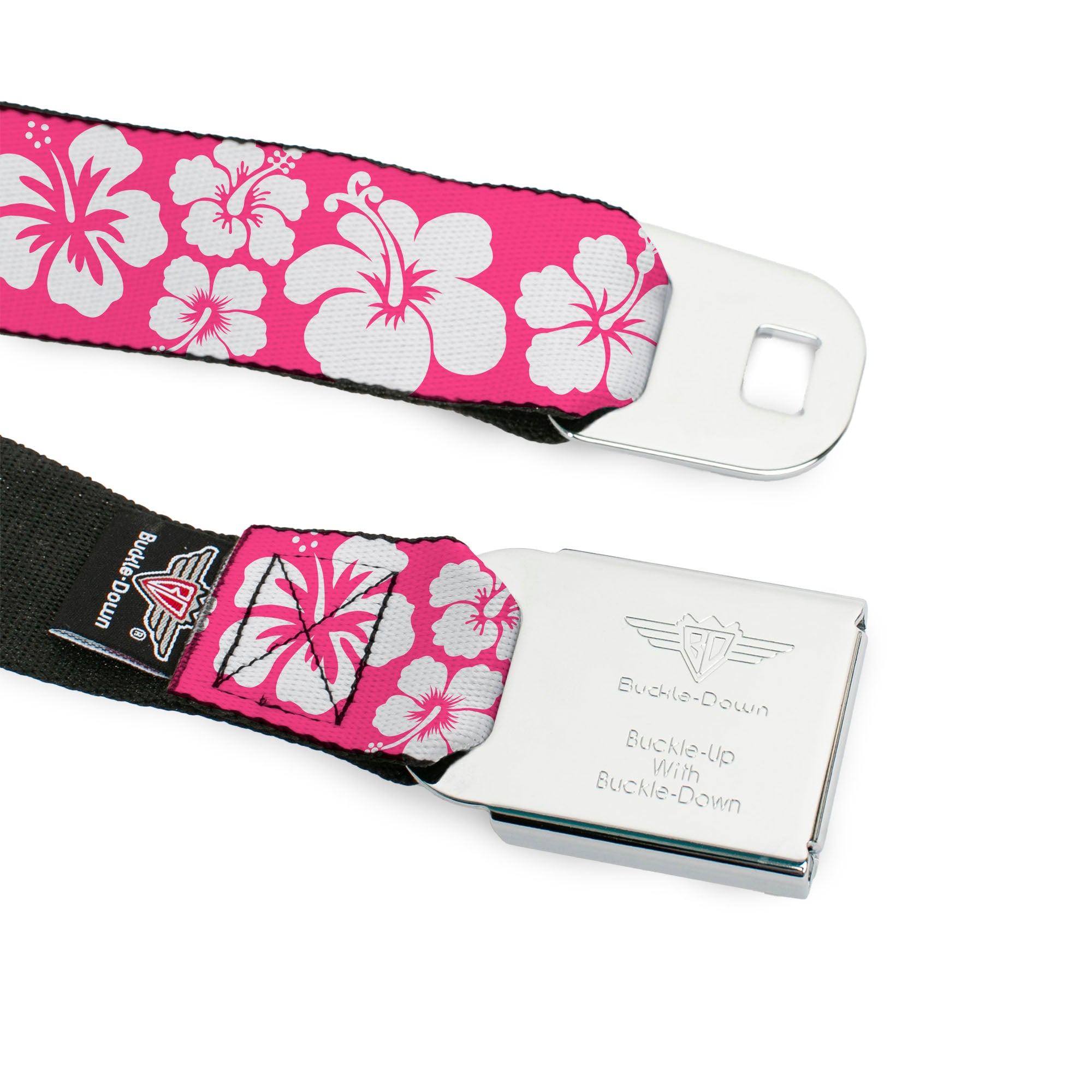 BD Wings Logo CLOSE-UP Full Color Black Silver Seatbelt Belt - Hibiscus Neon Pink/White Webbing Seatbelt Belts Buckle-Down