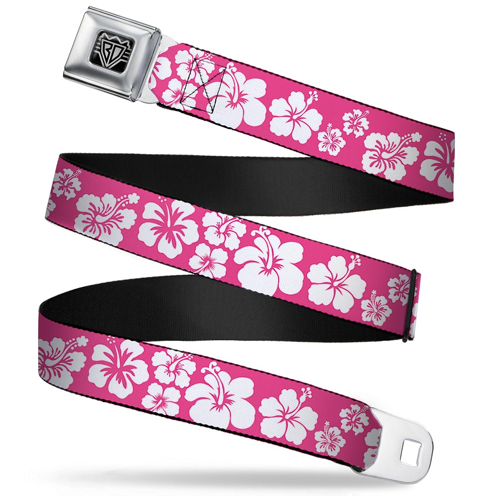 BD Wings Logo CLOSE-UP Full Color Black Silver Seatbelt Belt - Hibiscus Neon Pink/White Webbing Seatbelt Belts Buckle-Down