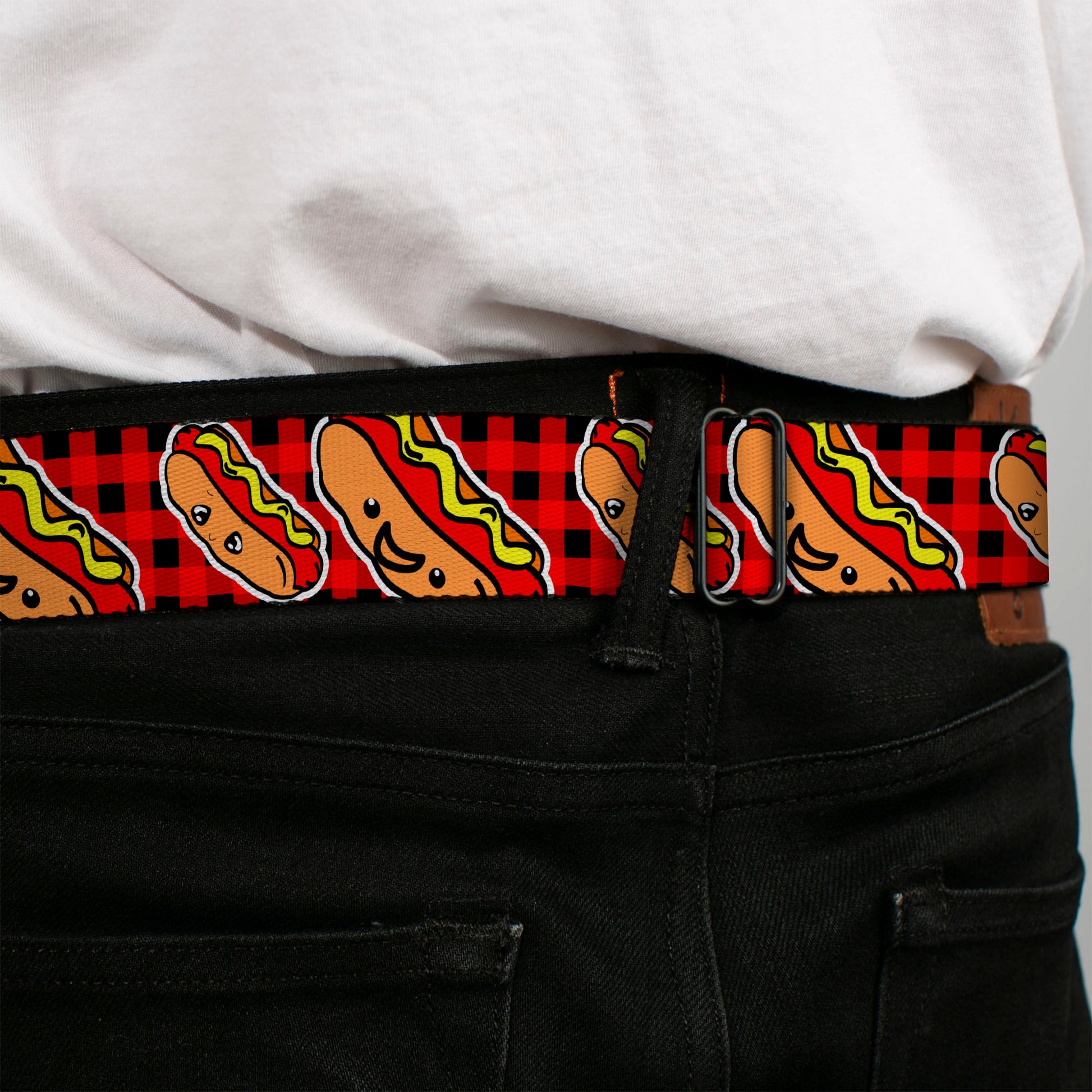 BD Wings Logo CLOSE-UP Full Color Black Silver Seatbelt Belt - Hot Dogs/Buffalo Plaid Black/Red Webbing Seatbelt Belts Buckle-Down