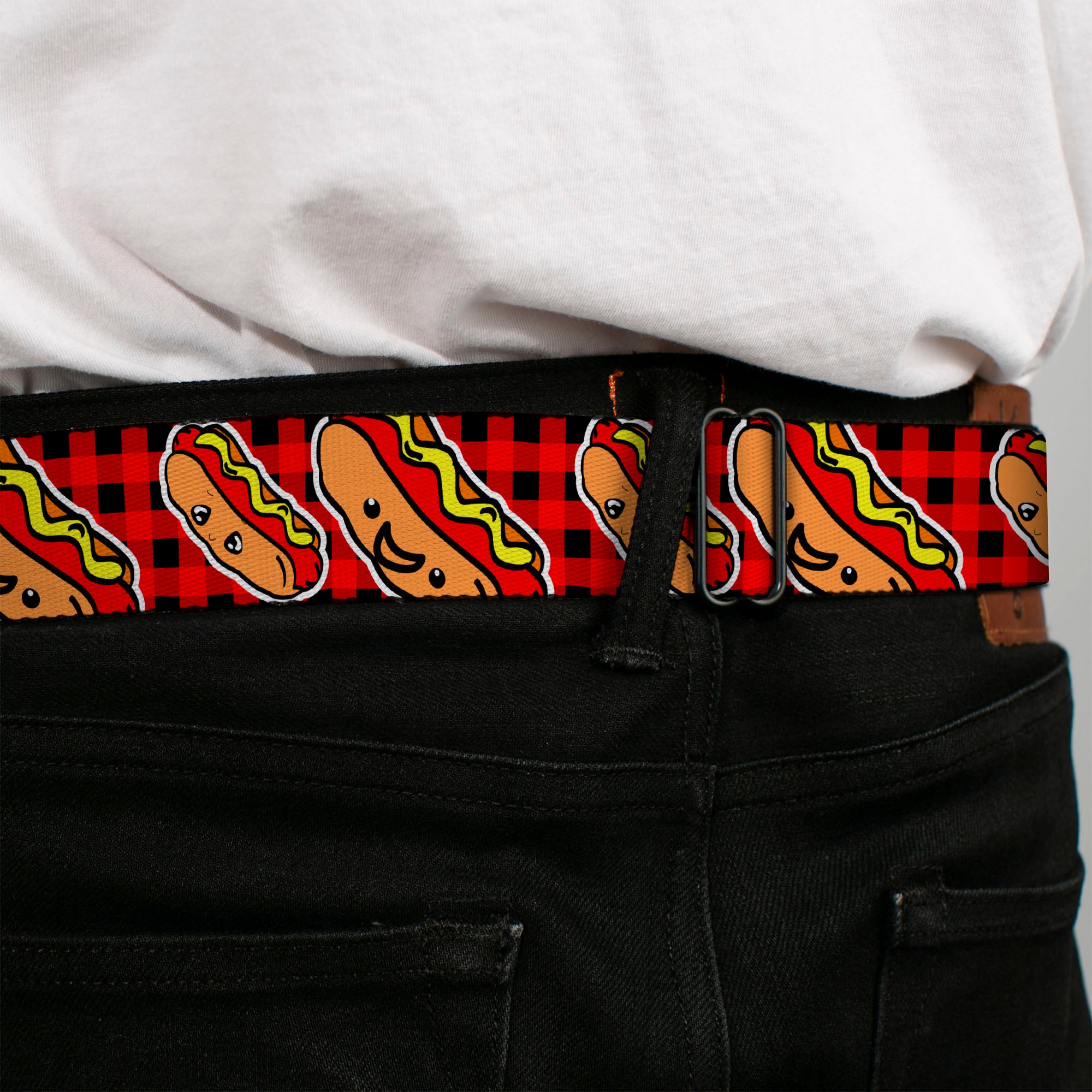 BD Wings Logo CLOSE-UP Full Color Black Silver Seatbelt Belt - Hot Dogs/Buffalo Plaid Black/Red Webbing Seatbelt Belts Buckle-Down