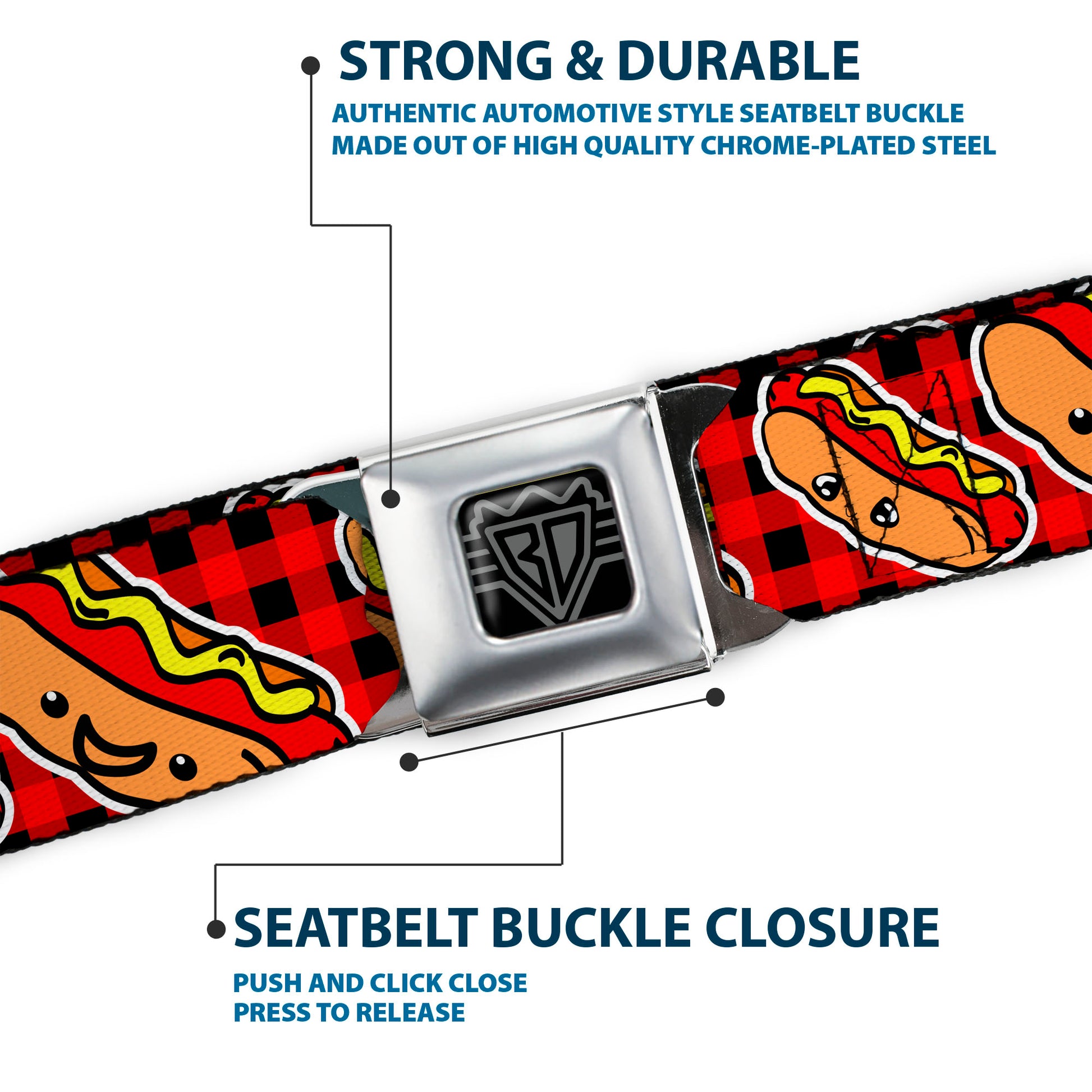 BD Wings Logo CLOSE-UP Full Color Black Silver Seatbelt Belt - Hot Dogs/Buffalo Plaid Black/Red Webbing Seatbelt Belts Buckle-Down