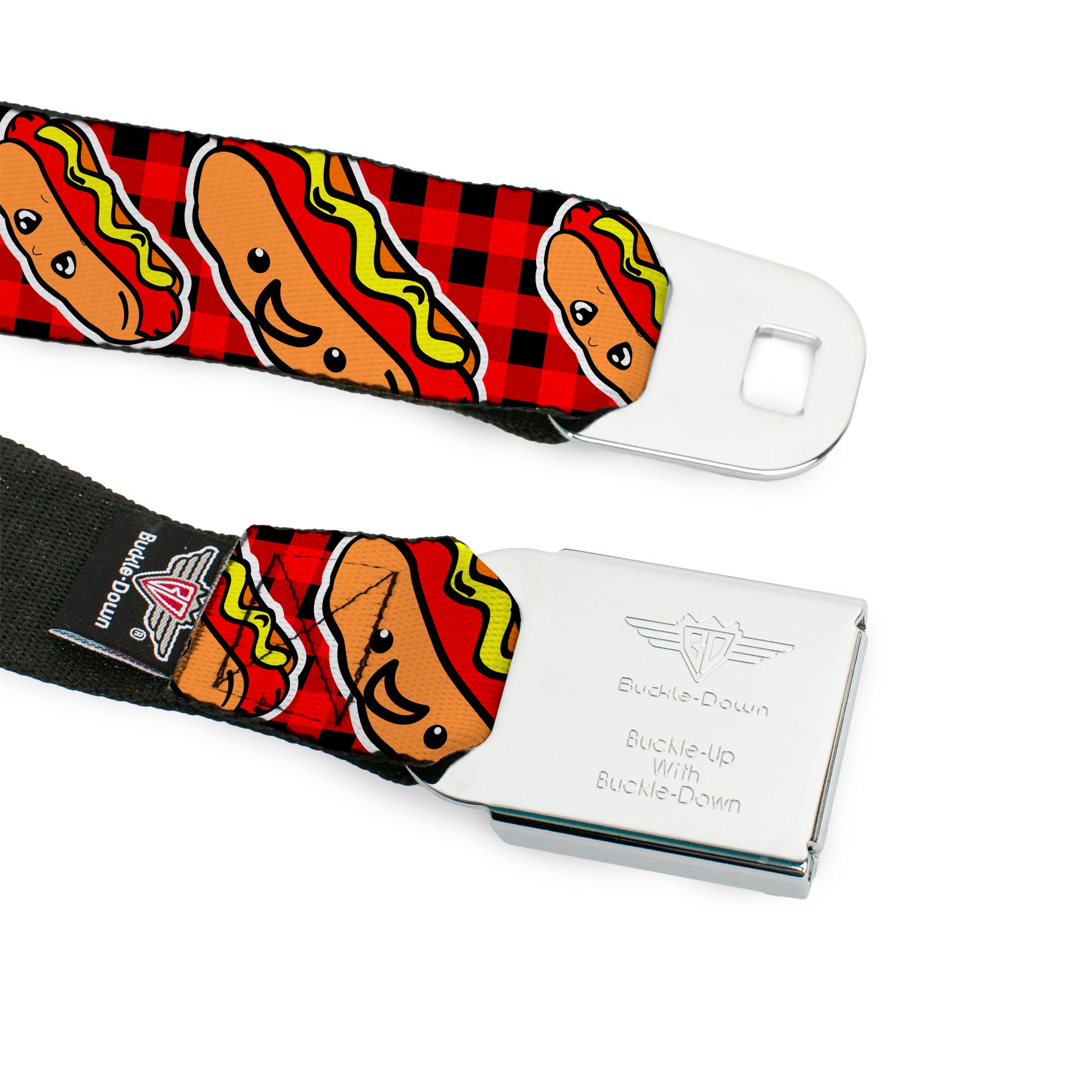 BD Wings Logo CLOSE-UP Full Color Black Silver Seatbelt Belt - Hot Dogs/Buffalo Plaid Black/Red Webbing Seatbelt Belts Buckle-Down