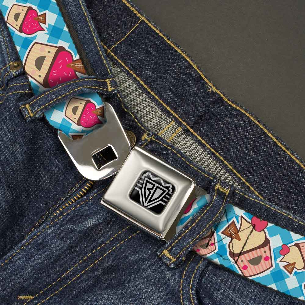 BD Wings Logo CLOSE-UP Full Color Black Silver Seatbelt Belt - Happy Cupcakes Buffalo Plaid White/Blue Webbing Seatbelt Belts Buckle-Down